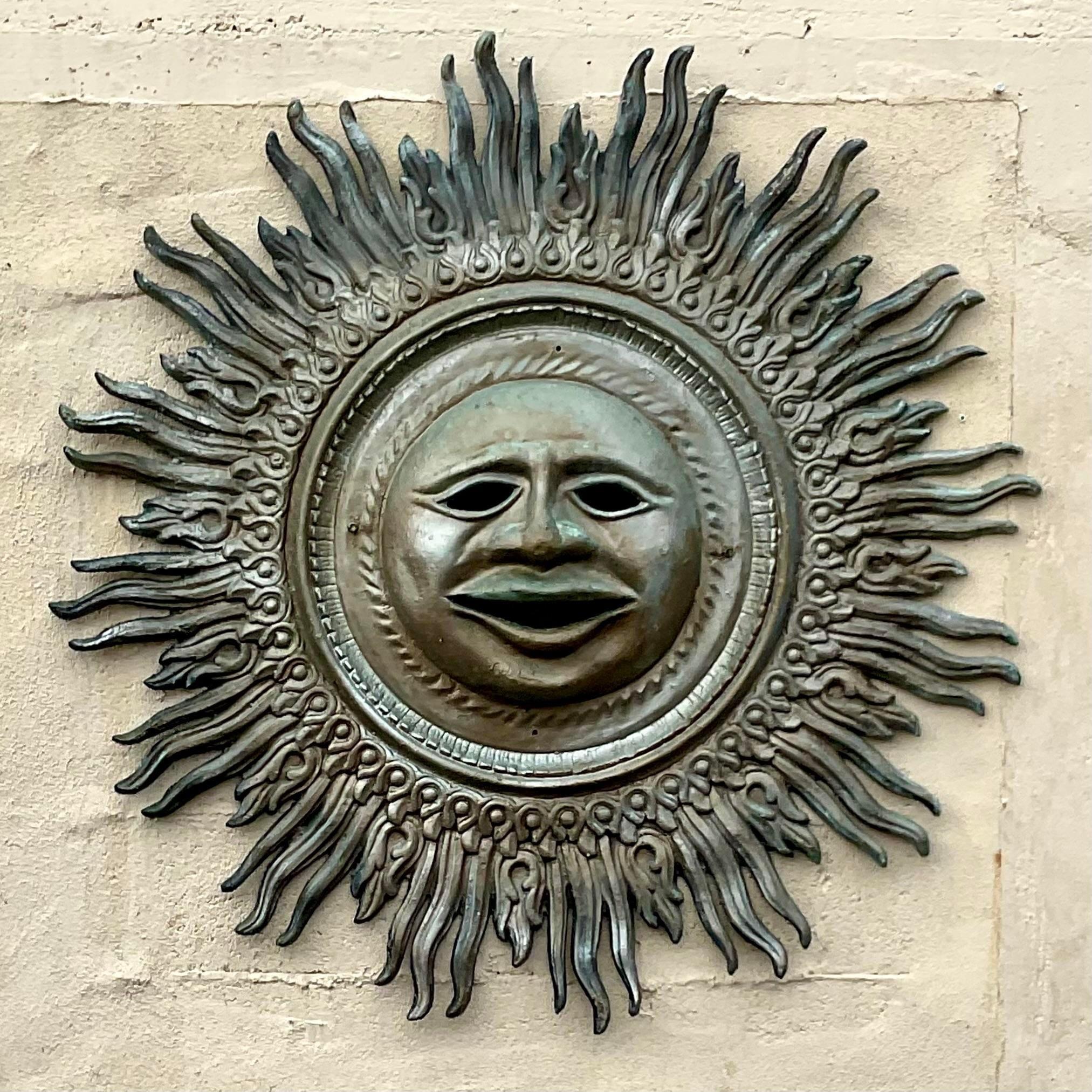 Vintage Boho Monumental Patinated Cast Aluminum Sun Wall Sculpture For Sale 4