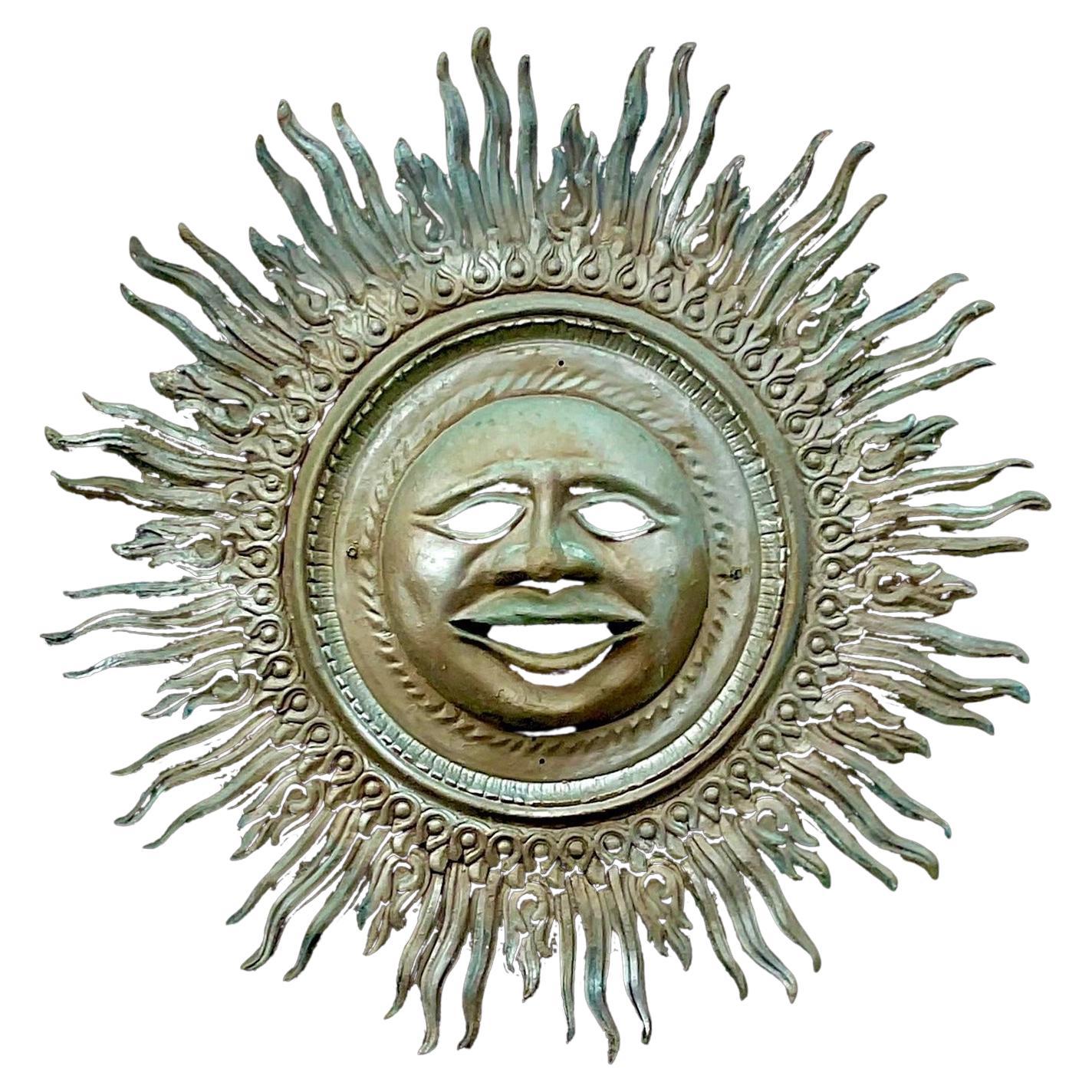 Vintage Boho Monumental Patinated Cast Aluminum Sun Wall Sculpture For Sale