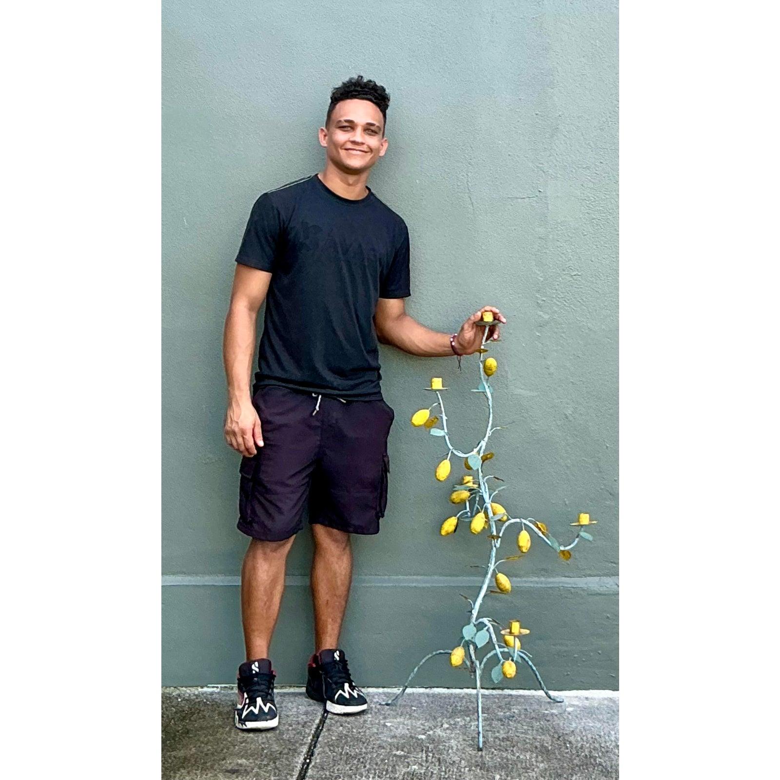 Pietra Portacandele monumentale Boho d'epoca con albero di limone patinato in vendita