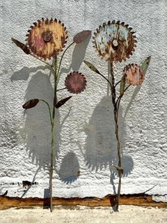 Vintage Boho Monumental Patinated Steel Flowers - a Pair