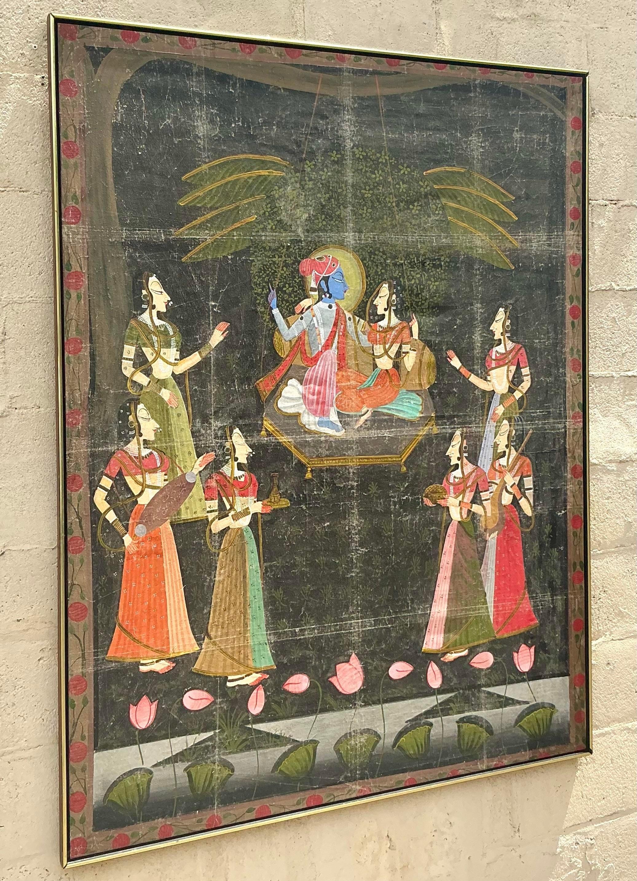 Verleihen Sie Ihrer Einrichtung einen Hauch von böhmischer Raffinesse mit diesem Vintage Monumental Pishwaa Silk on Board. Dieses atemberaubende Kunstwerk besteht aus komplizierten Seidenmustern, die sorgfältig auf einer soliden Platte gefertigt
