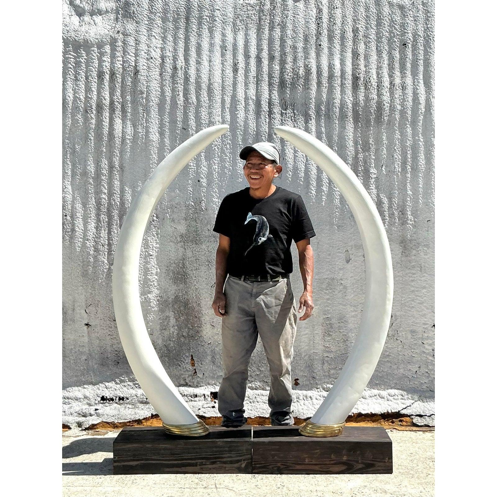 American Vintage Boho Monumental Plaster Elephant Tusks - Set of 2 For Sale