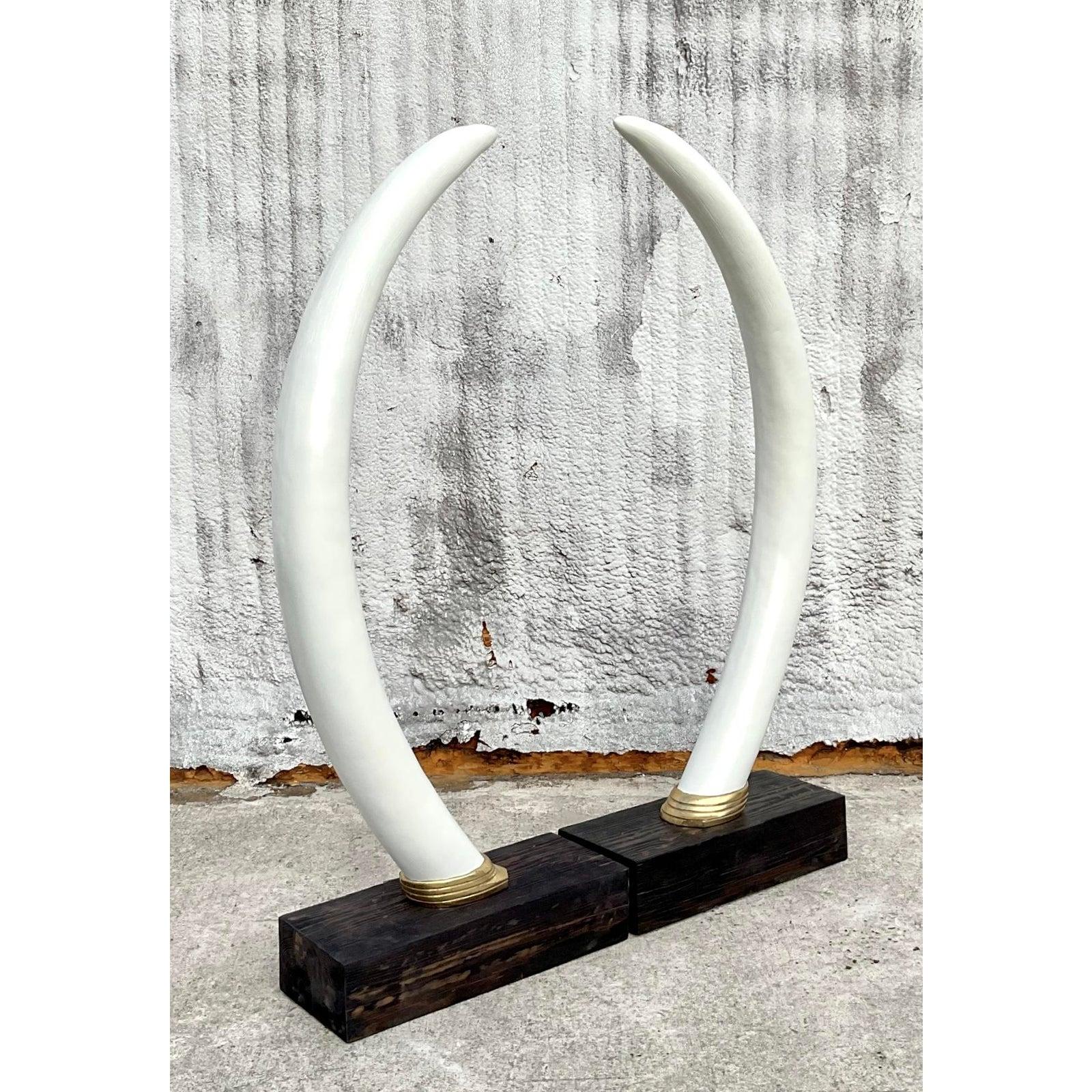 Vintage Boho Monumental Plaster Elephant Tusks - Set of 2 In Good Condition For Sale In west palm beach, FL