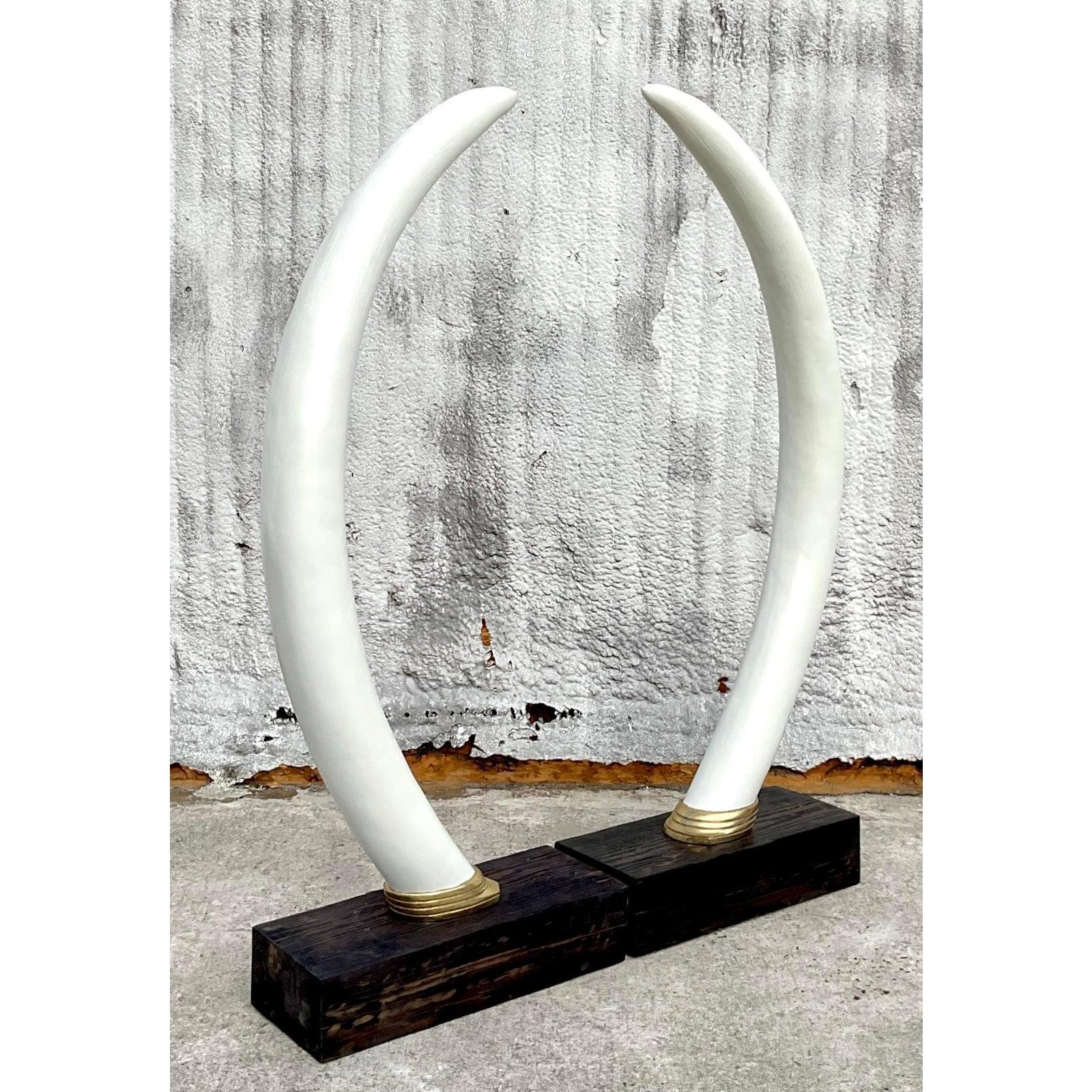 20th Century Vintage Boho Monumental Plaster Elephant Tusks - Set of 2 For Sale