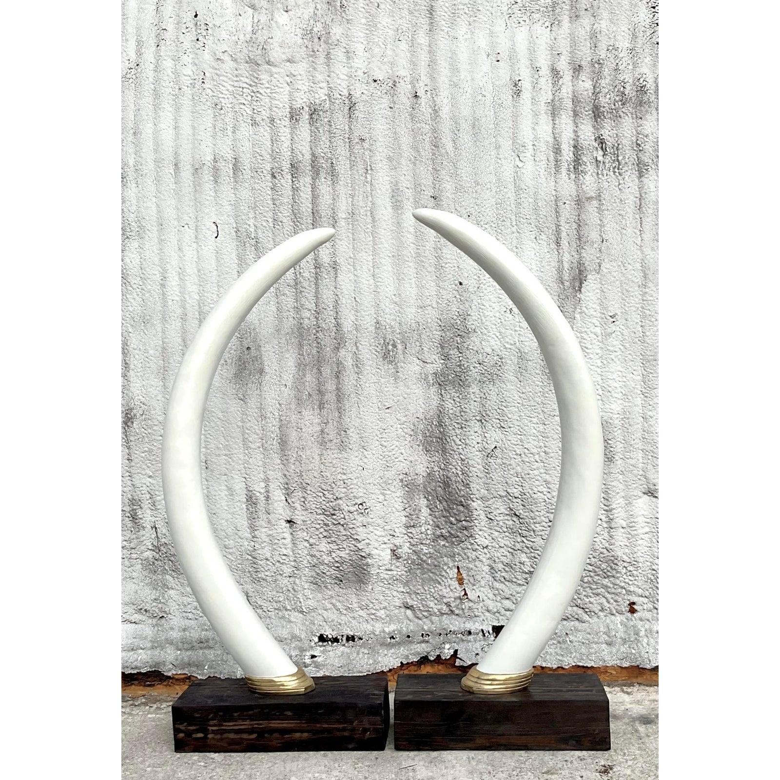 Metal Vintage Boho Monumental Plaster Elephant Tusks - Set of 2 For Sale