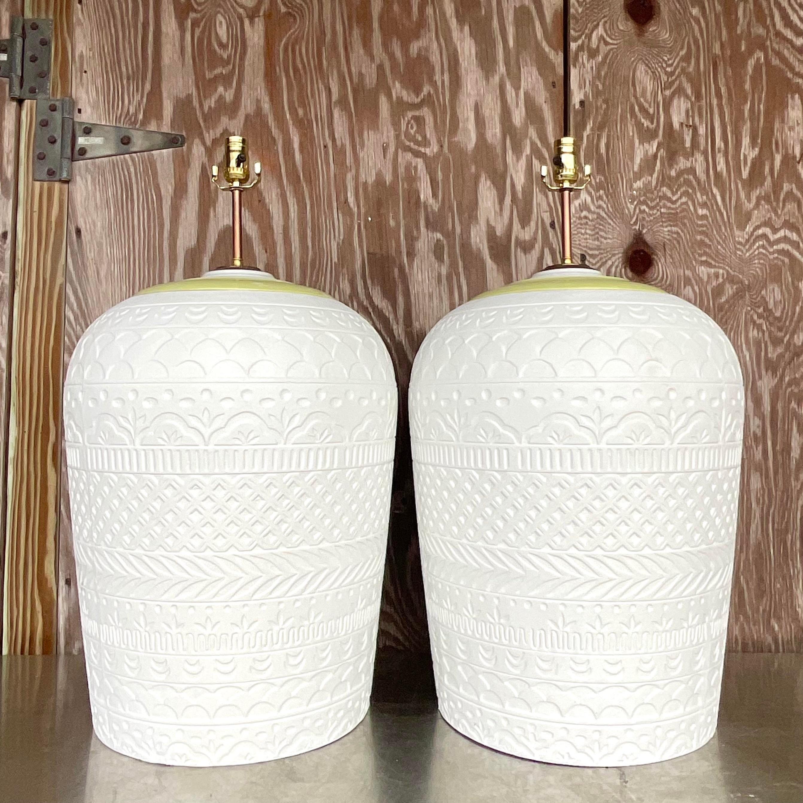 American Vintage Boho Monumental Plaster Relief Lamps - a Pair For Sale