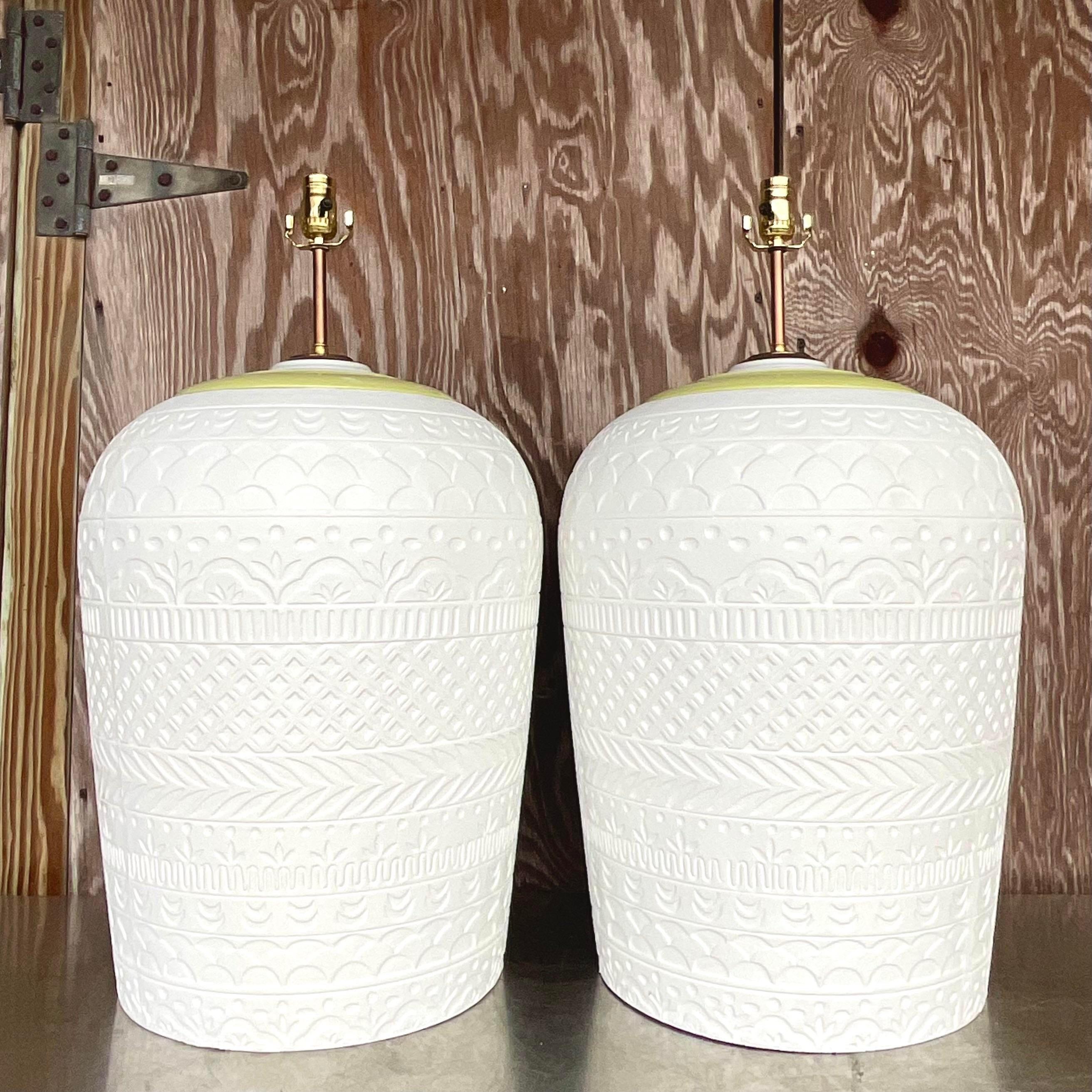 Vintage Boho Monumental Plaster Relief Lamps - a Pair In Good Condition For Sale In west palm beach, FL