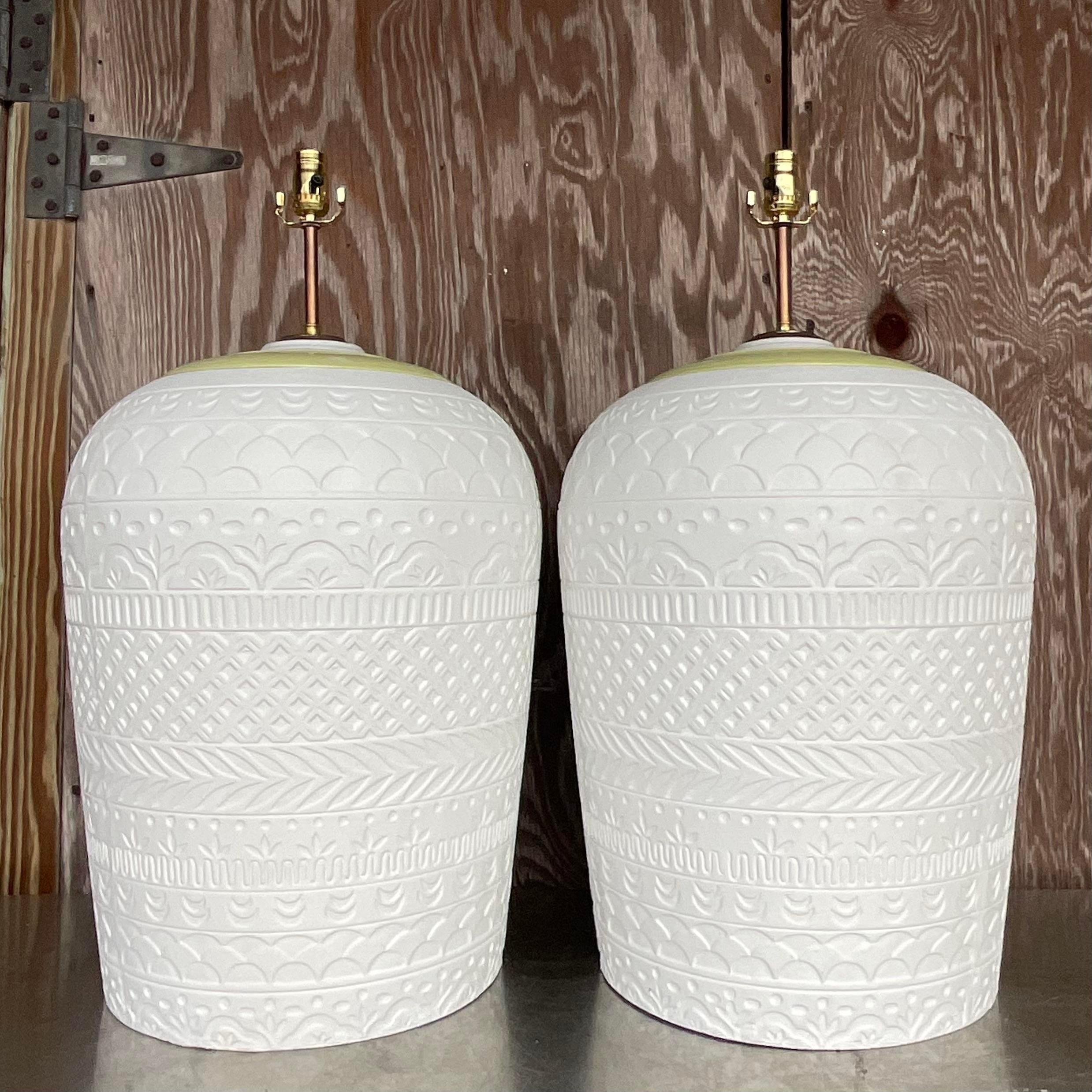 20th Century Vintage Boho Monumental Plaster Relief Lamps - a Pair For Sale