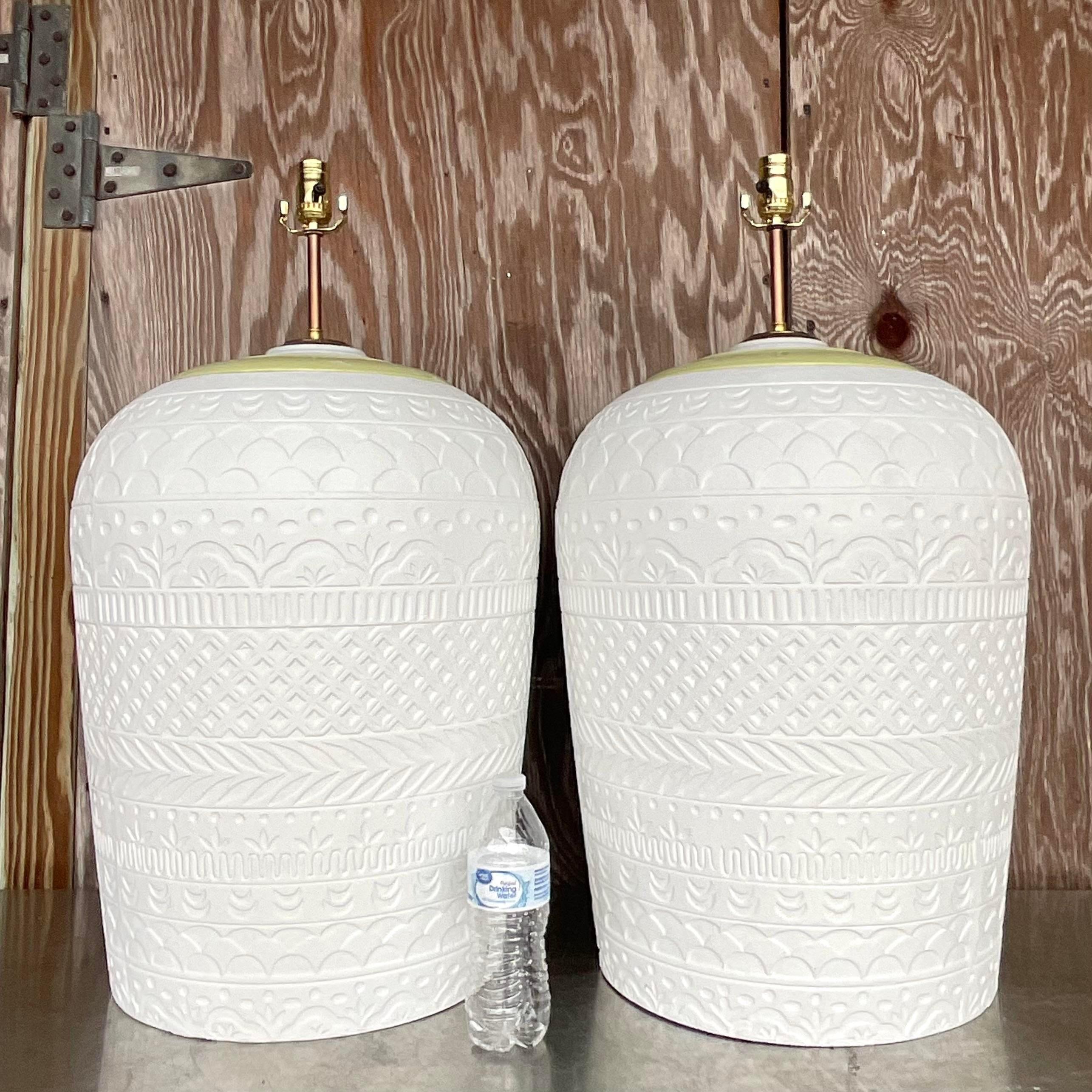 Metal Vintage Boho Monumental Plaster Relief Lamps - a Pair For Sale