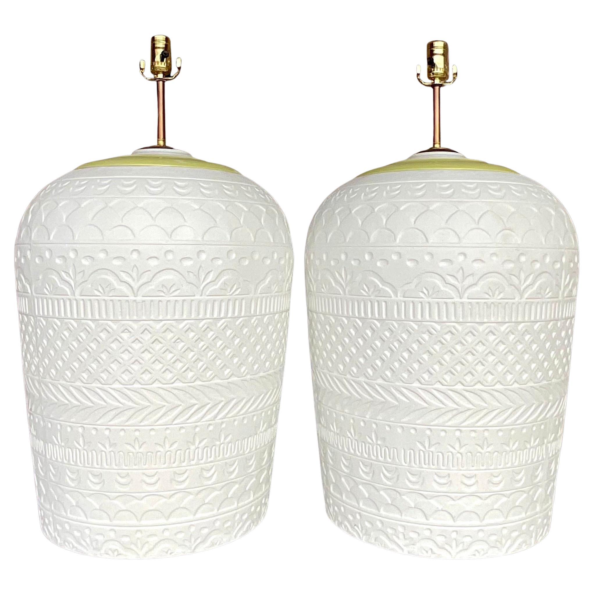 Vintage Boho Monumental Plaster Relief Lamps - a Pair For Sale