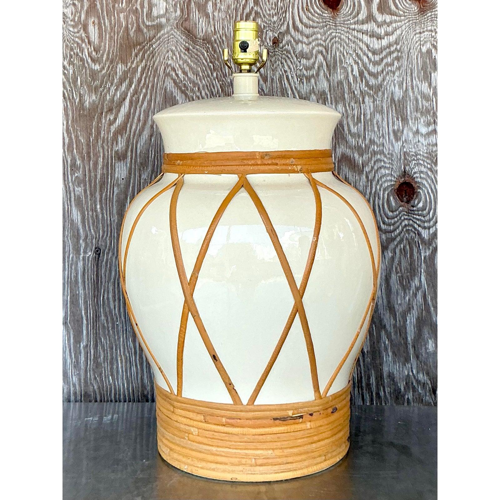 Organic Modern Vintage Boho Monumental Rattan Wrapped Urn Lamp For Sale