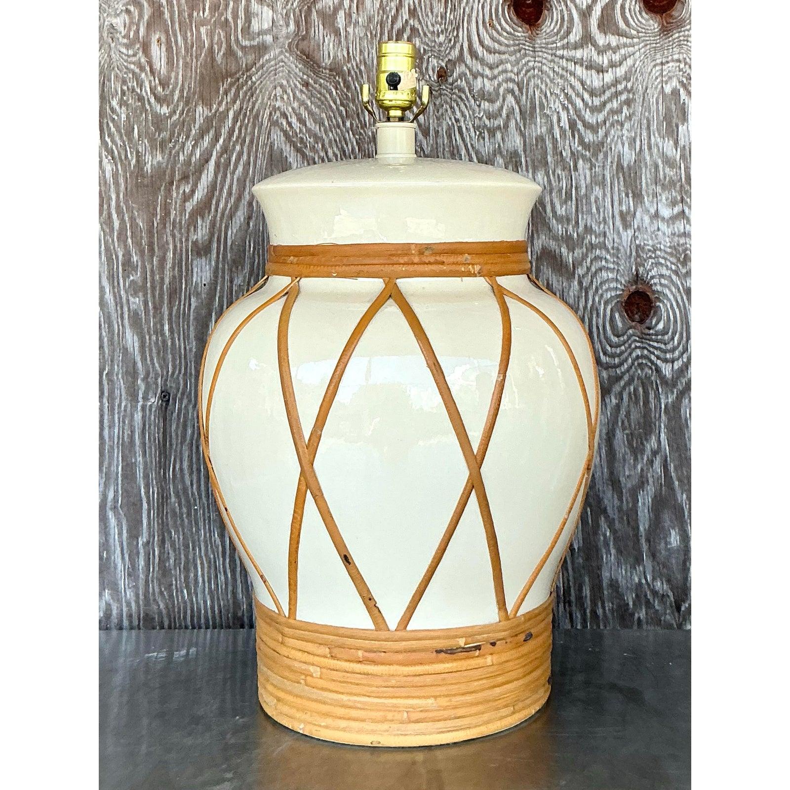 American Vintage Boho Monumental Rattan Wrapped Urn Lamp For Sale