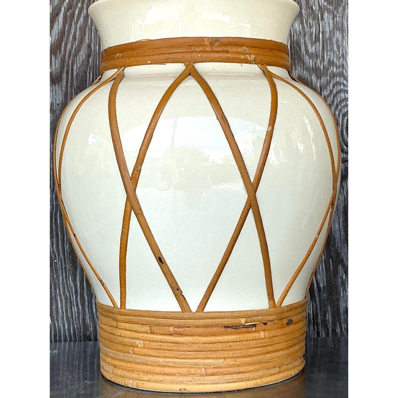Vintage Boho Monumental Rattan Wrapped Urn Lamp In Good Condition For Sale In west palm beach, FL