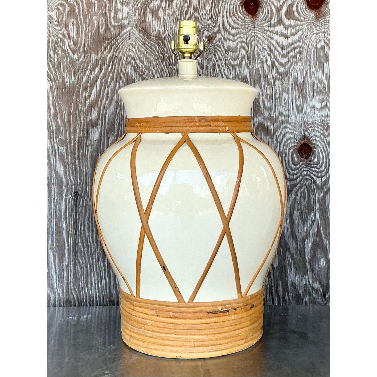 20th Century Vintage Boho Monumental Rattan Wrapped Urn Lamp For Sale
