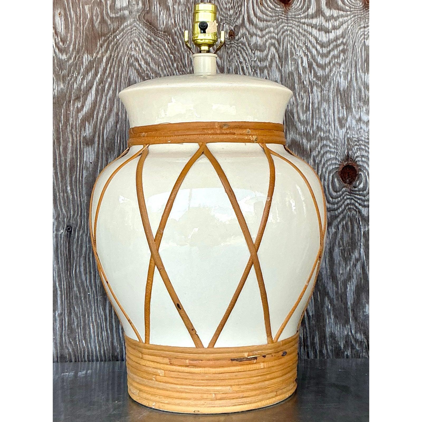 Brass Vintage Boho Monumental Rattan Wrapped Urn Lamp For Sale