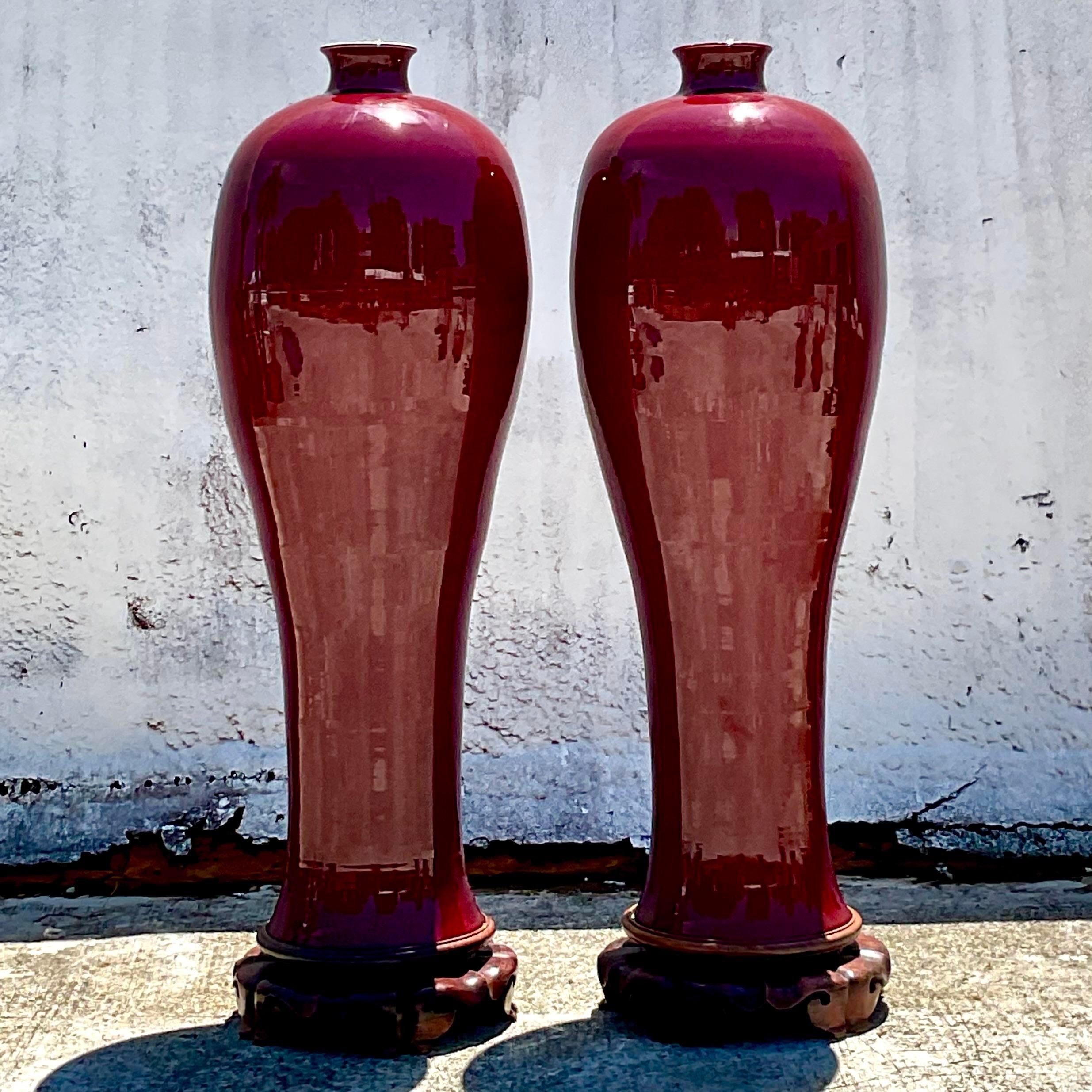 Chinese Vintage Boho Monumental “Sang De Bouf” Glazed Ceramic Vases - a Pair For Sale