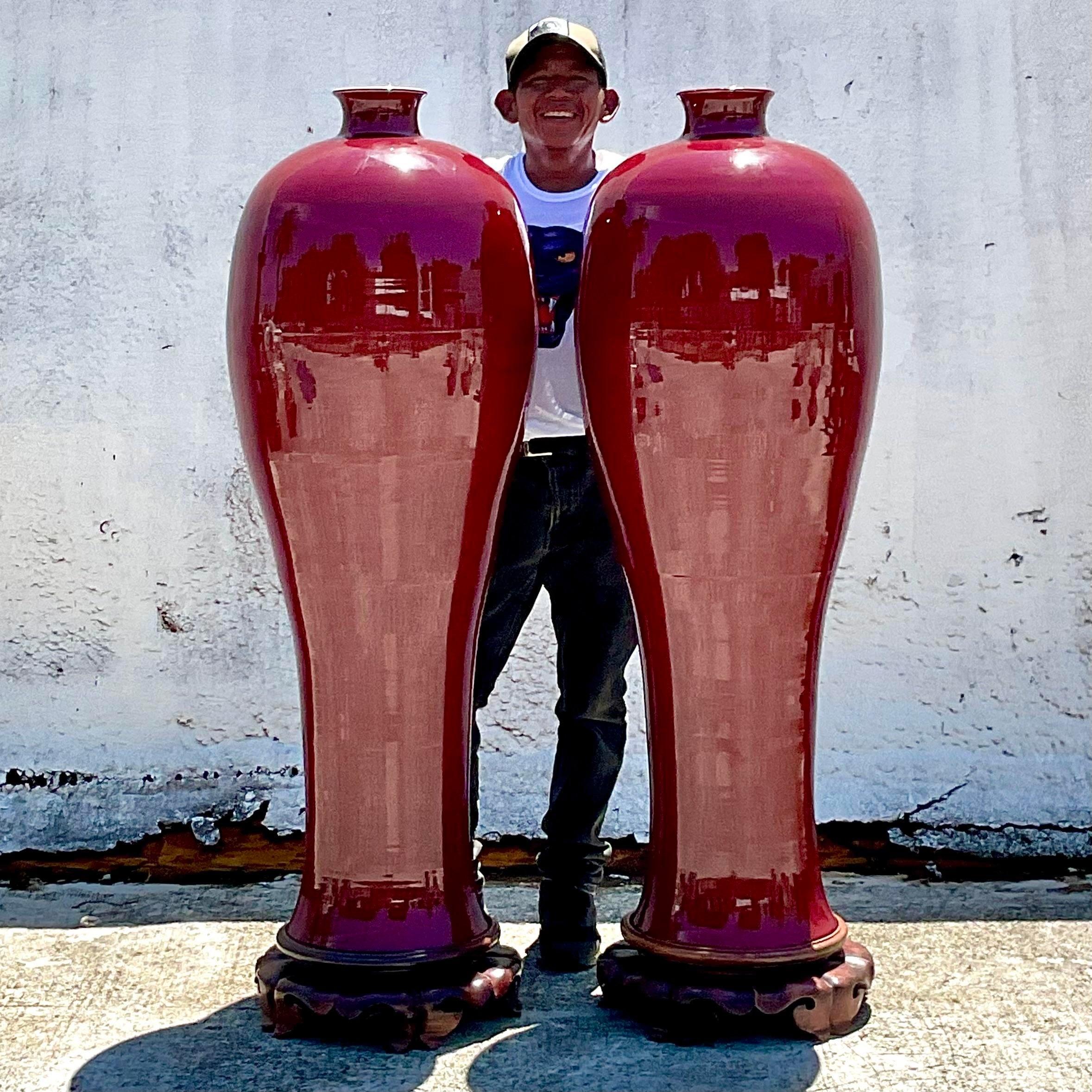 Vintage Boho Monumental “Sang De Bouf” Glazed Ceramic Vases - a Pair In Good Condition For Sale In west palm beach, FL