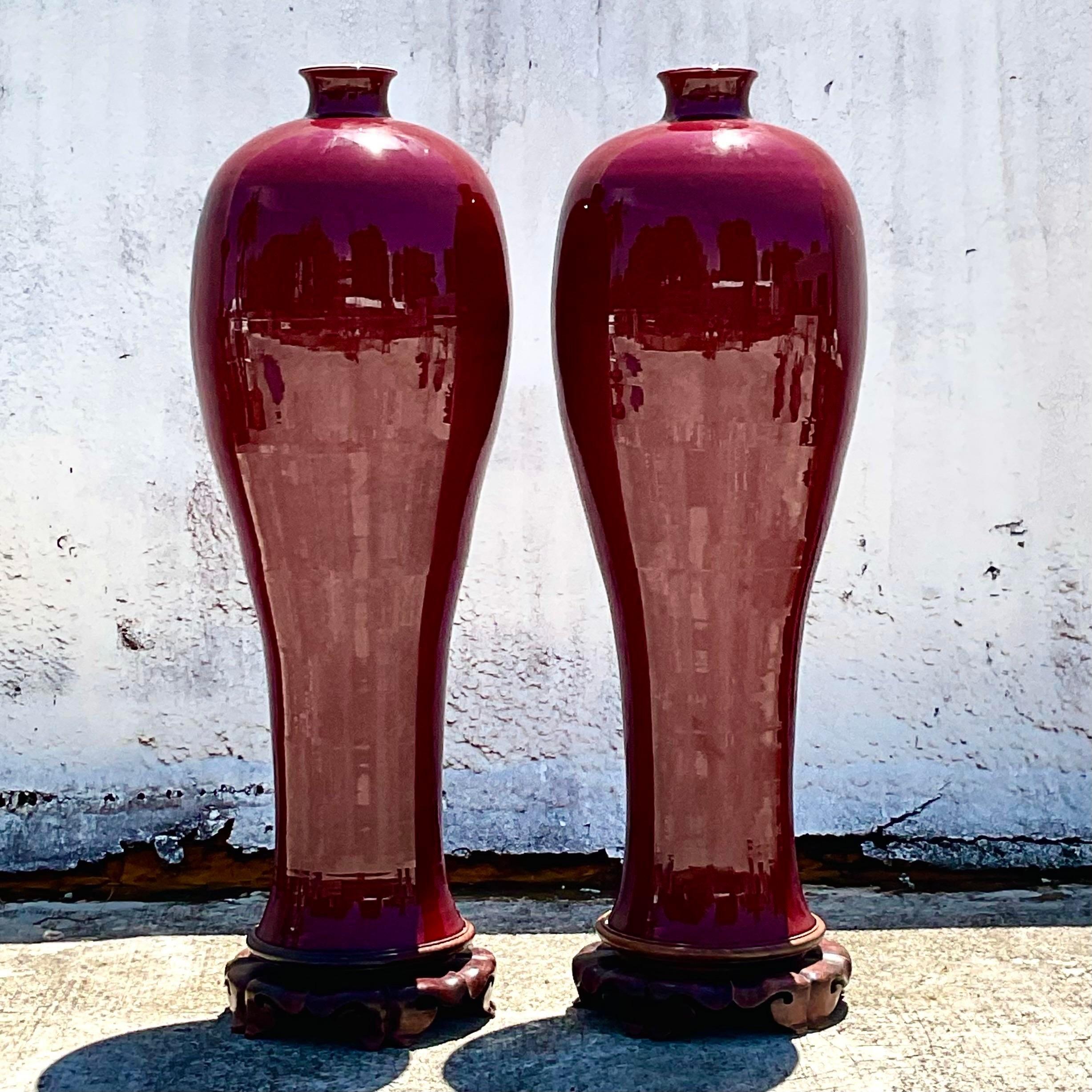 20th Century Vintage Boho Monumental “Sang De Bouf” Glazed Ceramic Vases - a Pair For Sale