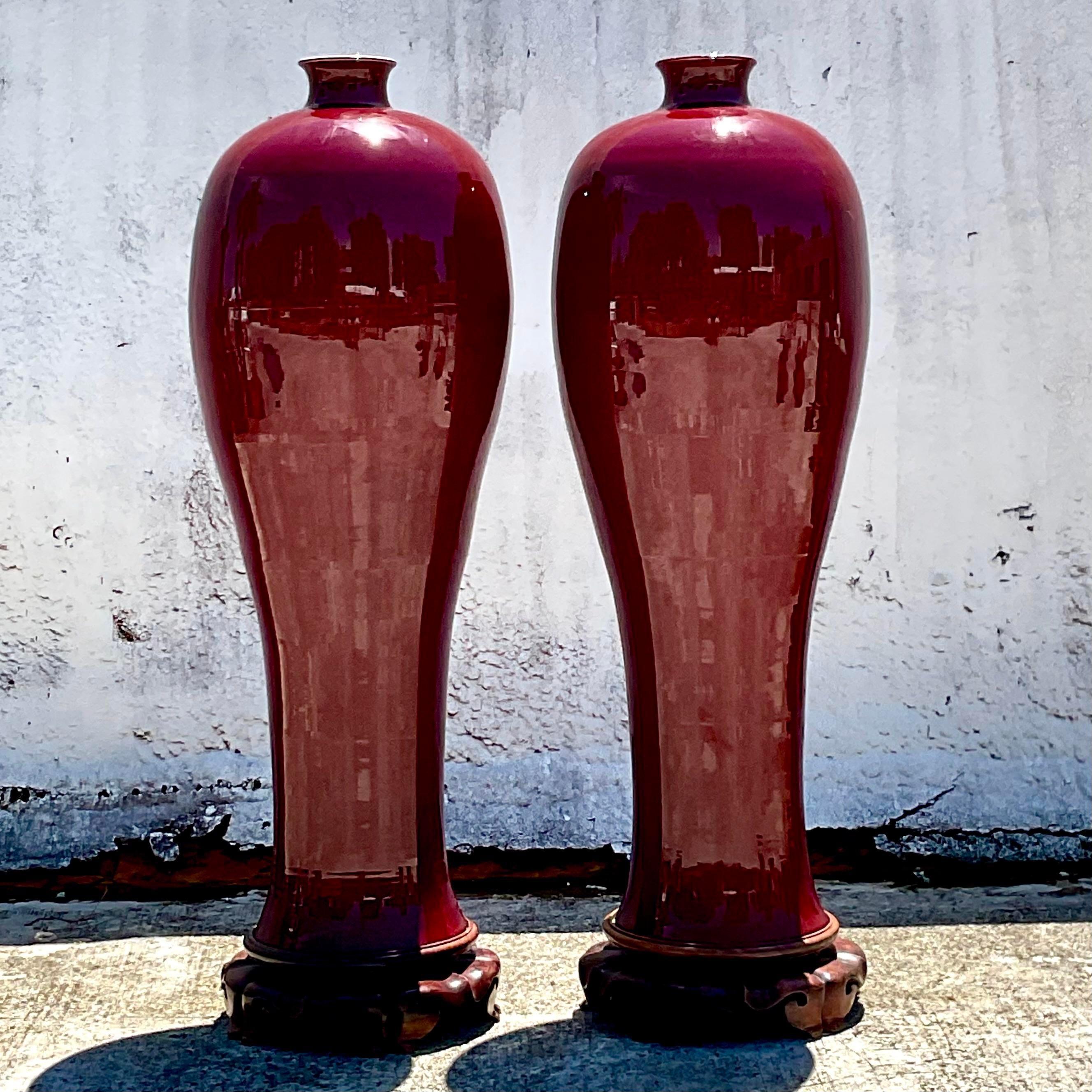 Vintage Boho Monumental “Sang De Bouf” Glazed Ceramic Vases - a Pair For Sale 1