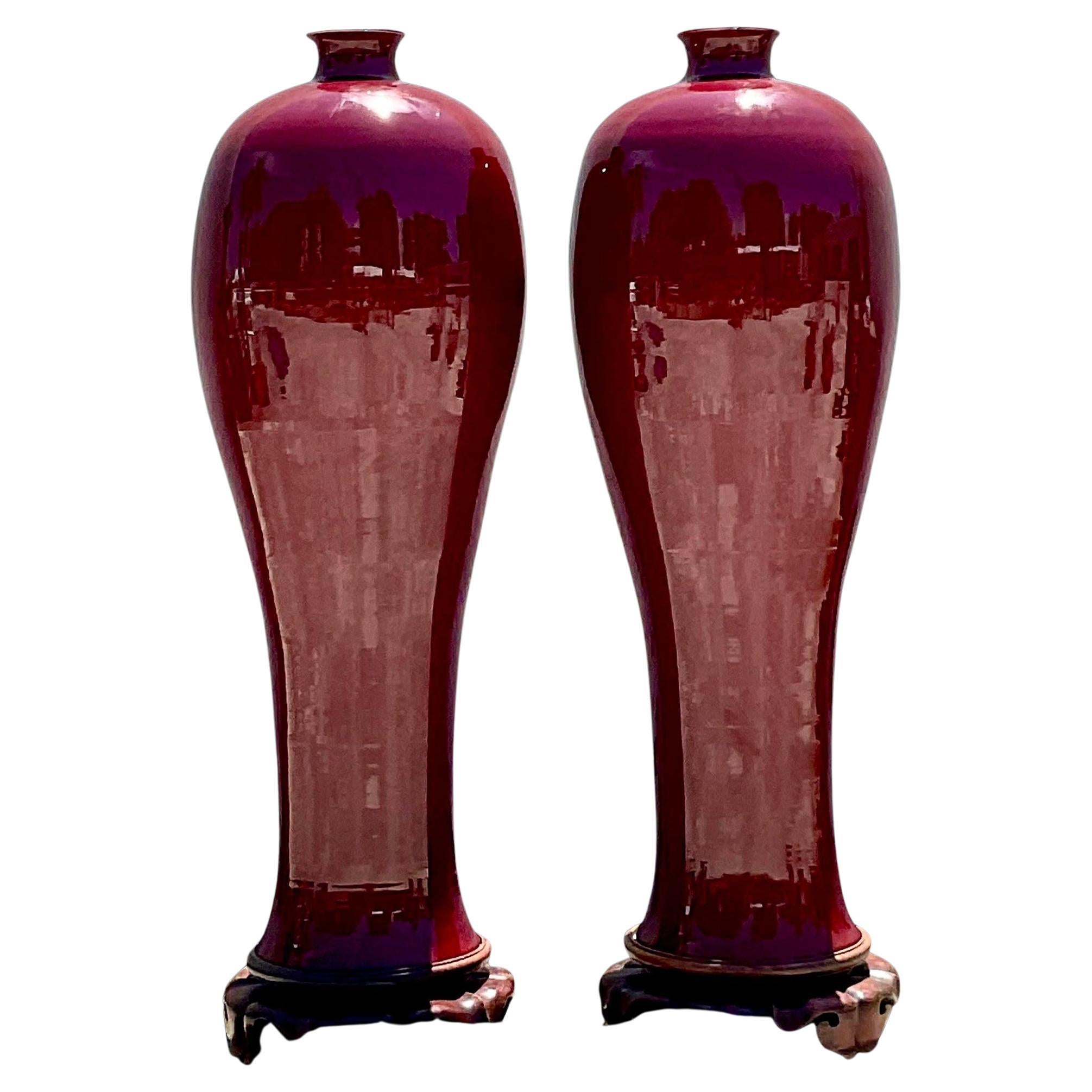 Paire de vases monumentaux bohèmes vintage en céramique émaillée Sang De Bouf