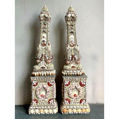 Vintage Boho Monumental Shell Encrusted Obelisks - A Pair