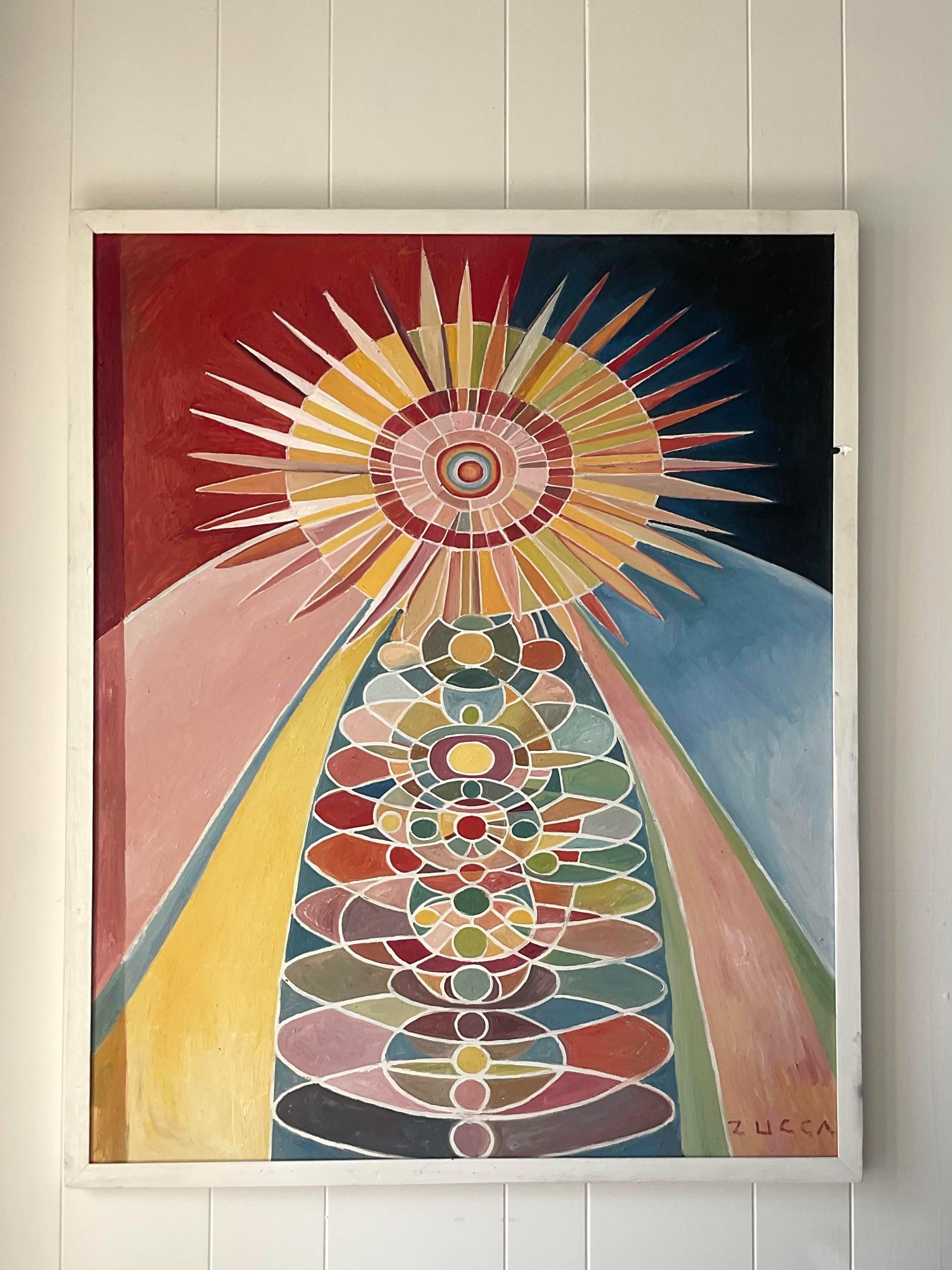 A striking vintage Boho original oil painting on board. A chic monumental Abstract expressionist composition in bright, clear colors. Signed by the artist. Acquired from a Palm Beach estate.