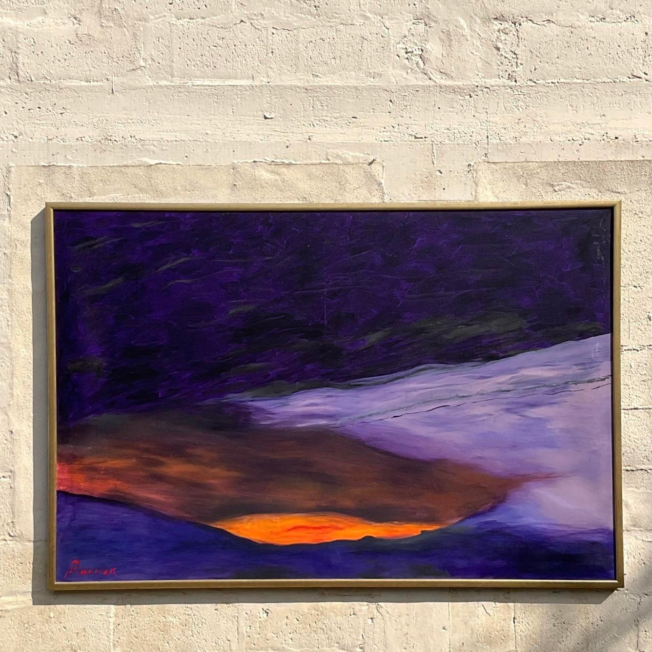 A fabulous vintage Boho original oil on canvas. A chic Abstract Landscape in deep jewel tones. Signed by the artist. Acquired from a Palm Beach estate.