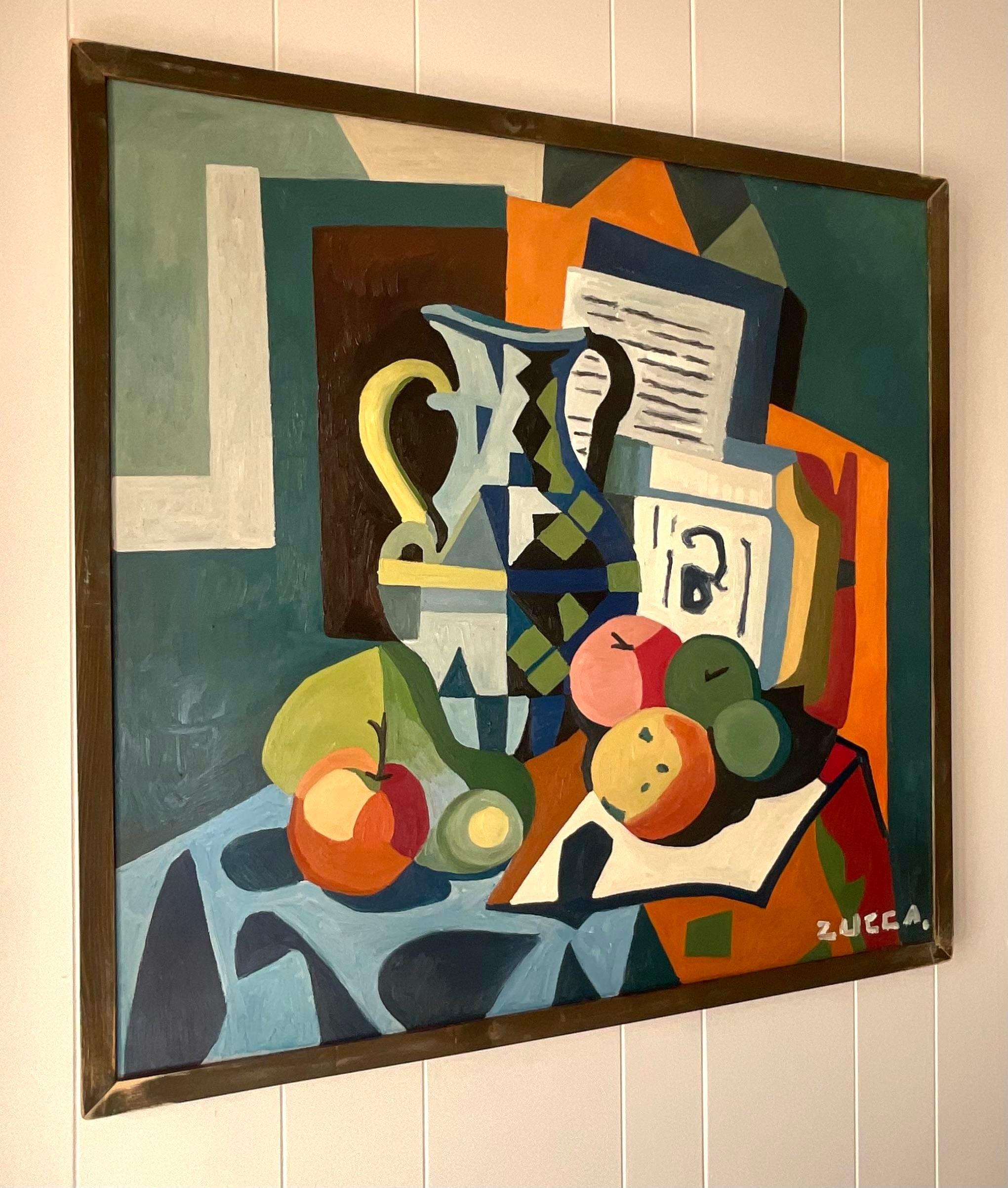 A stunning vintage Boho original oil painting on board. A chic tabletop still life in rich deep colors. Signed by the artist. Acquired from a Palm Beach estate. 