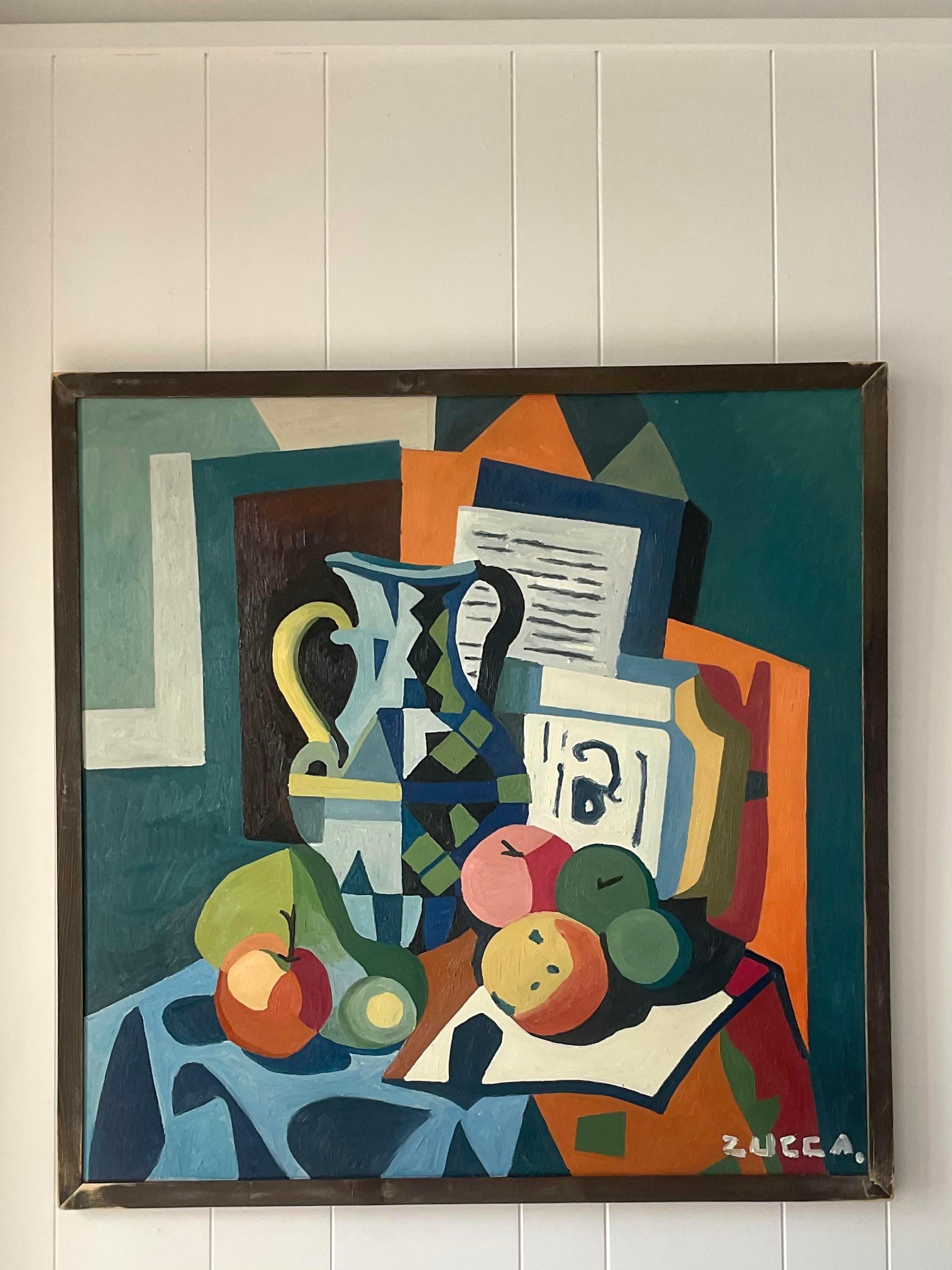 Vintage Boho Monumental Signed Tabletop Still Life Painting on Board In Good Condition For Sale In west palm beach, FL