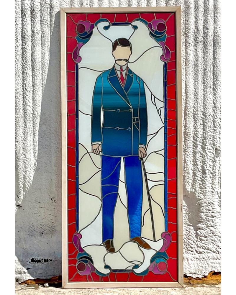 Bohemian Vintage Boho Monumental Stained Glass Window Of Man For Sale