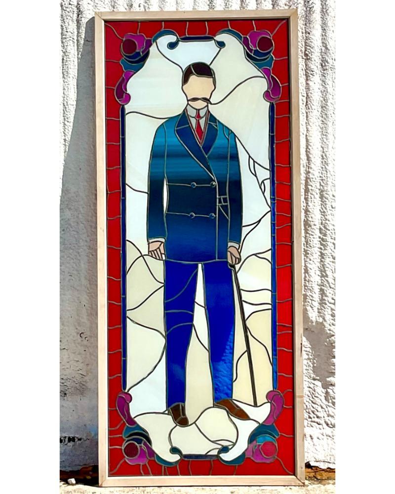 Unknown Vintage Boho Monumental Stained Glass Window Of Man For Sale