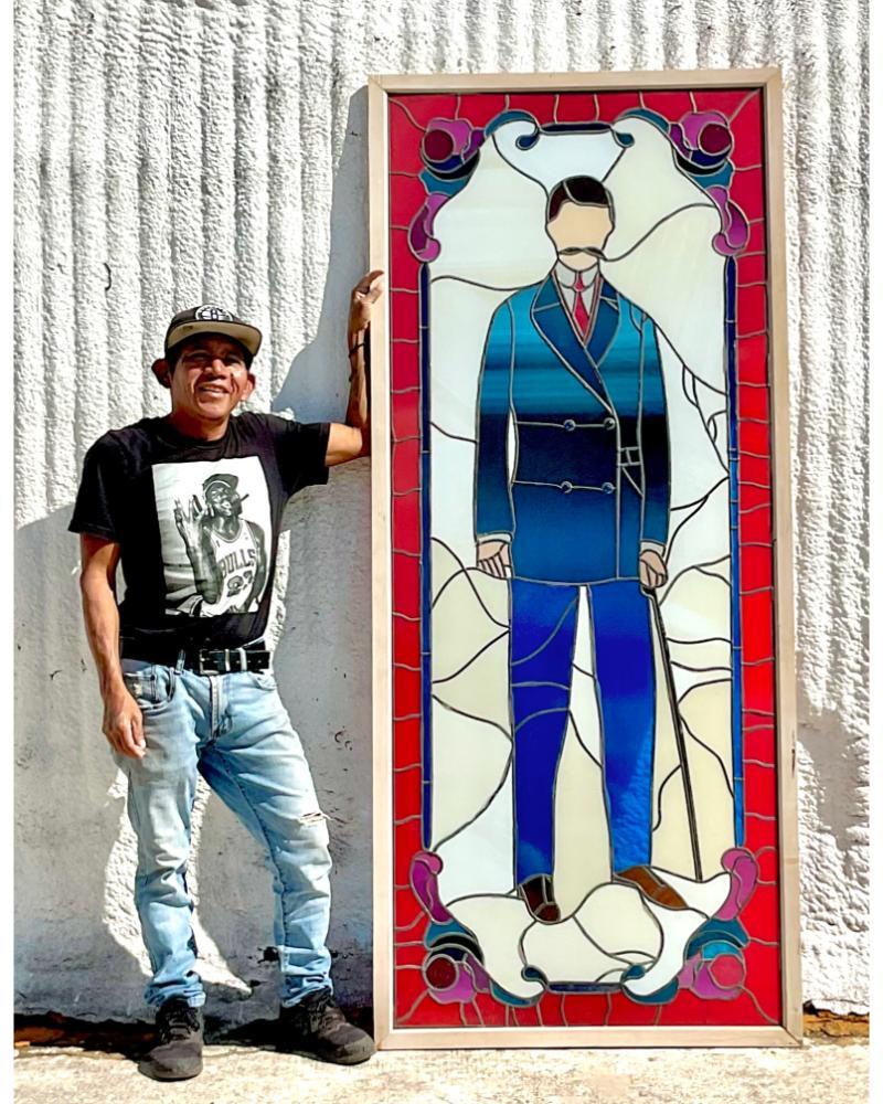 Vintage Boho Monumental Stained Glass Window Of Man In Good Condition For Sale In west palm beach, FL