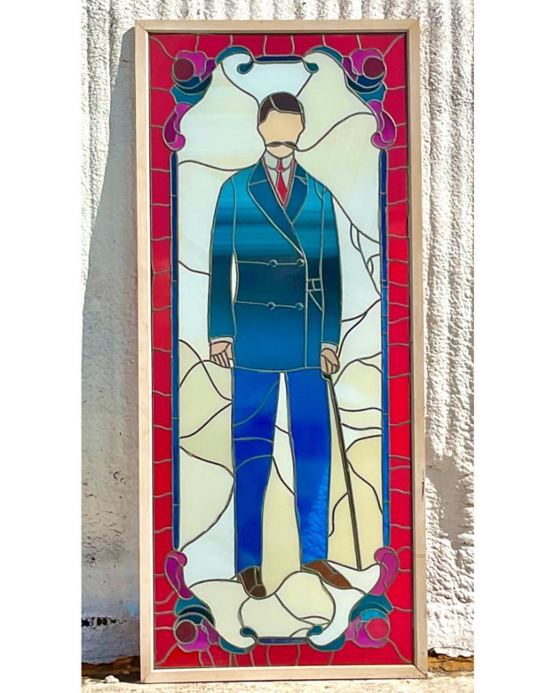 20th Century Vintage Boho Monumental Stained Glass Window Of Man For Sale