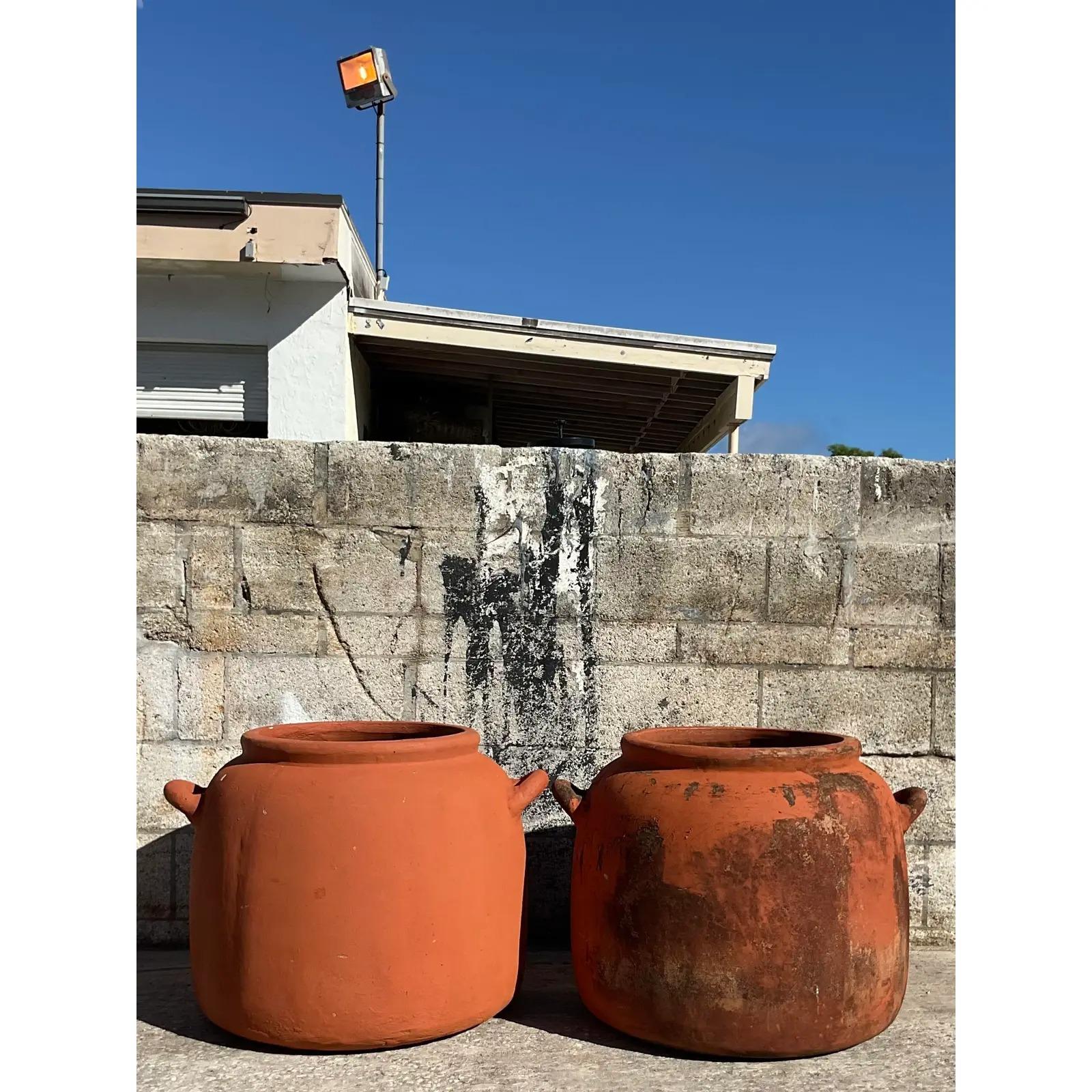 North American Vintage Boho Monumental Terra Cotta Planters - a Pair For Sale