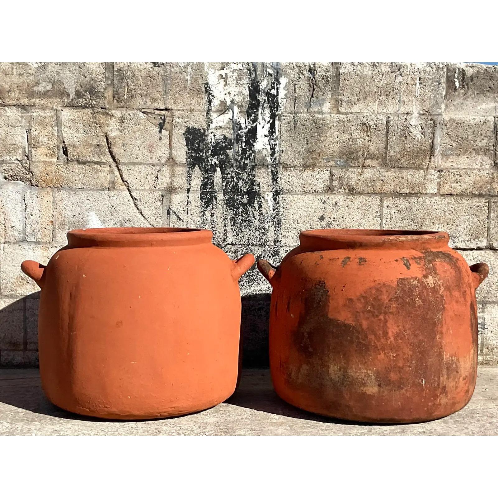 Vintage Boho Monumental Terra Cotta Planters - a Pair In Good Condition For Sale In west palm beach, FL