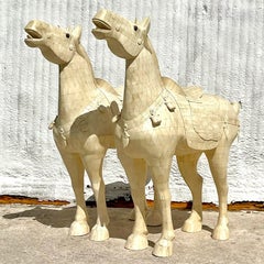 Vintage Boho Monumental Tessellated Bone Horses - a Pair