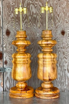 Vintage Boho Monumental Turned Wood Lamps, a Pair