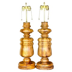 Vintage Boho Monumental Turned Wood Lamps, a Pair