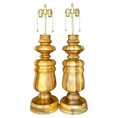 Vintage Boho Monumental Turned Wood Table Lamps, a Pair Vintage Boho Monumental Turned Wood Table Lamps, a Pair