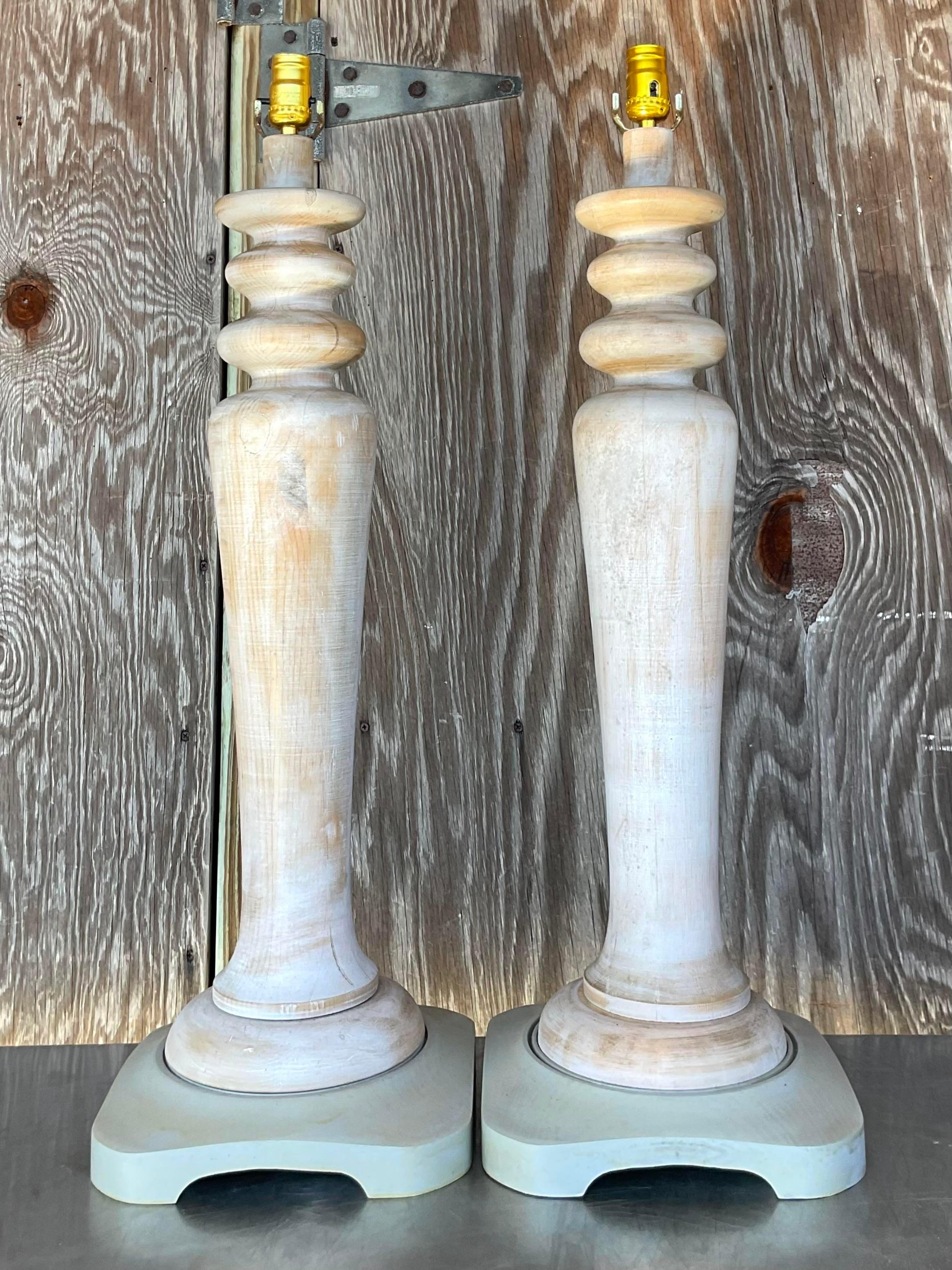 20th Century Vintage Boho Monumental Washed Wood Lamps - a Pair For Sale