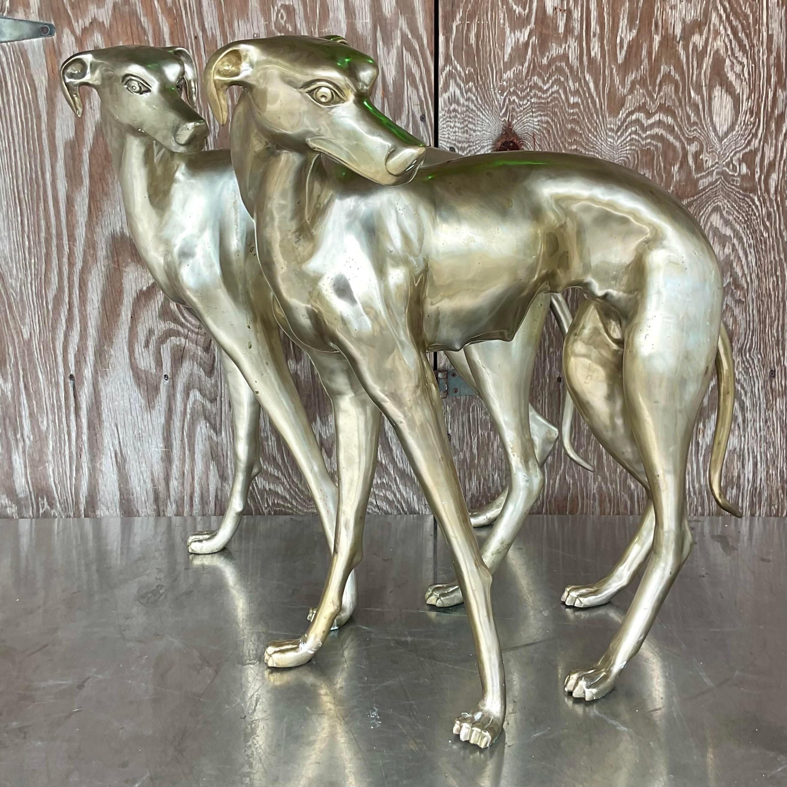 Américain Vintage Boho Monumental White Brass Standing Dogs - a Pair en vente