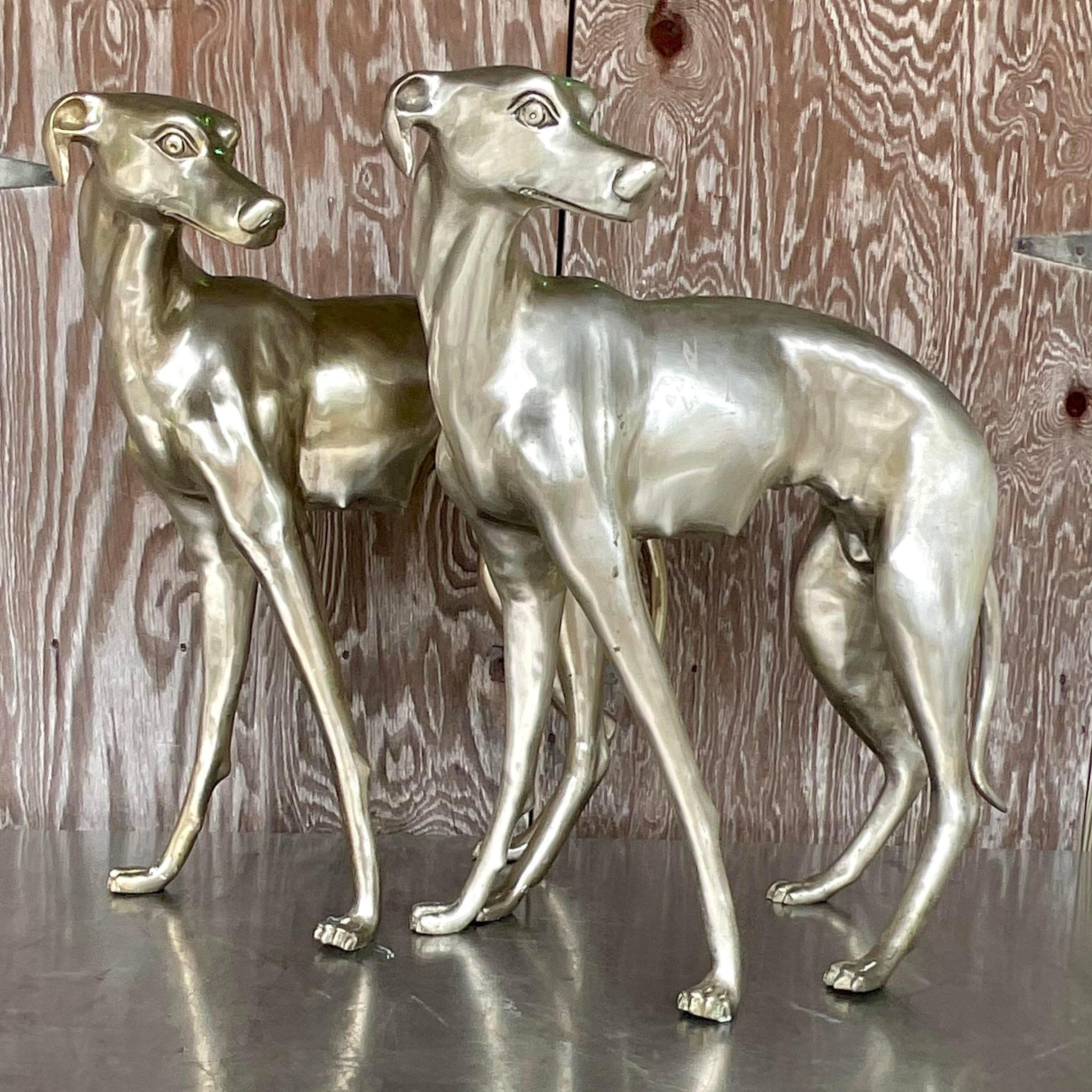 Vintage Boho Monumental White Brass Standing Dogs - a Pair In Good Condition For Sale In west palm beach, FL