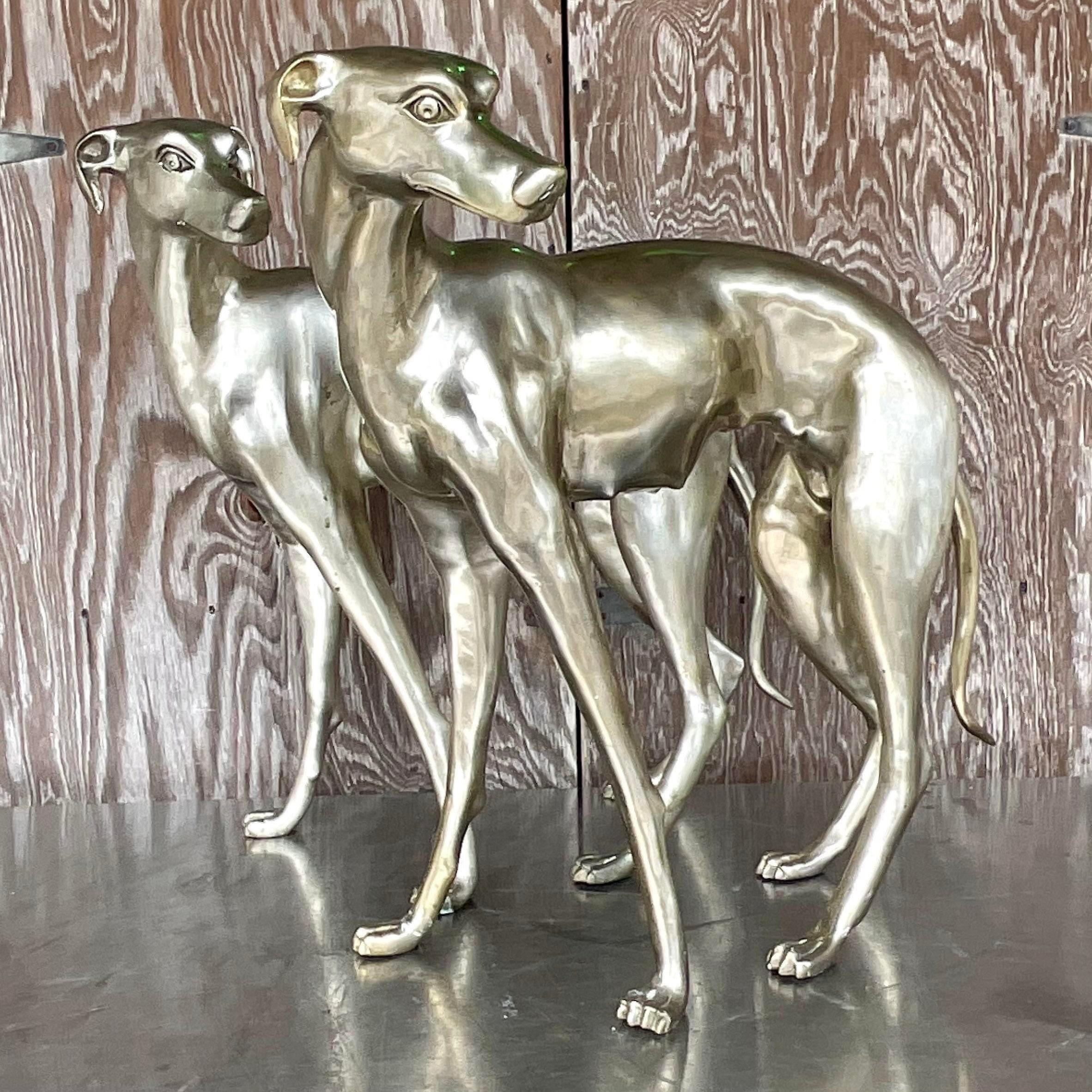 20ième siècle Vintage Boho Monumental White Brass Standing Dogs - a Pair en vente