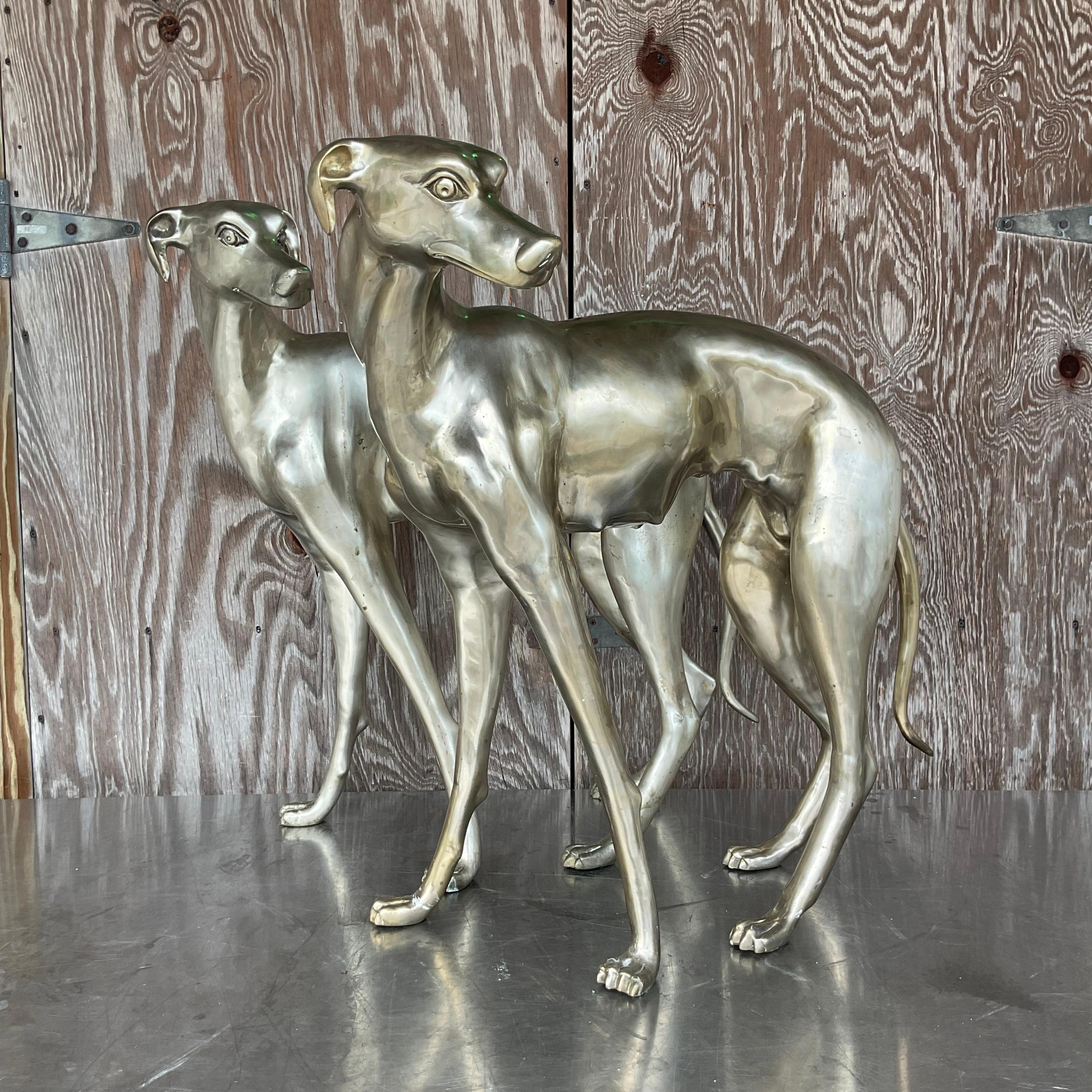 Vintage Boho Monumental White Brass Standing Dogs - a Pair en vente 1