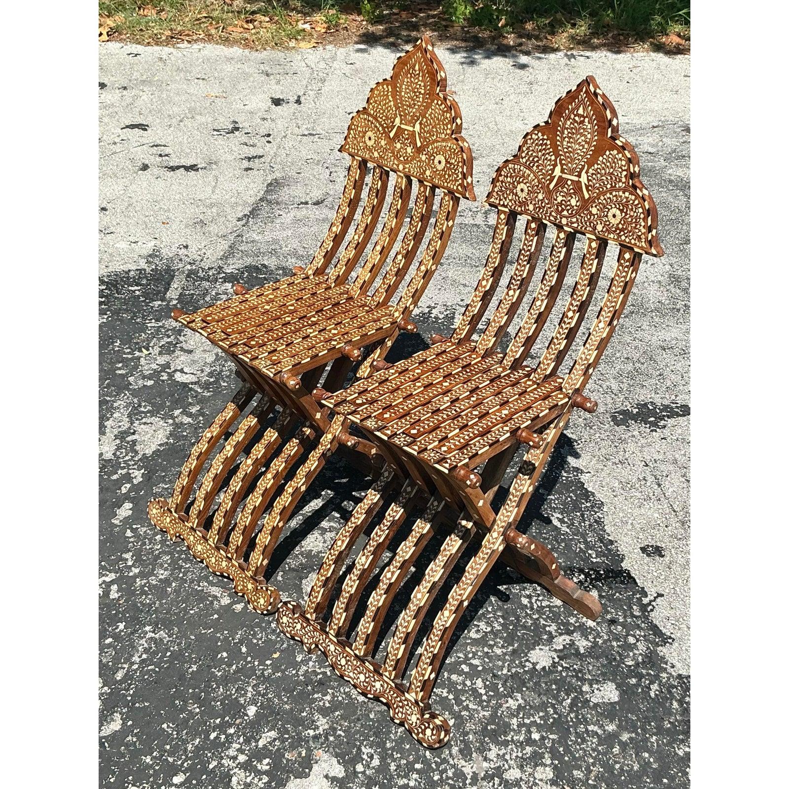 Vintage Boho Moorish Inlay Folding Chairs- A Pair For Sale 4