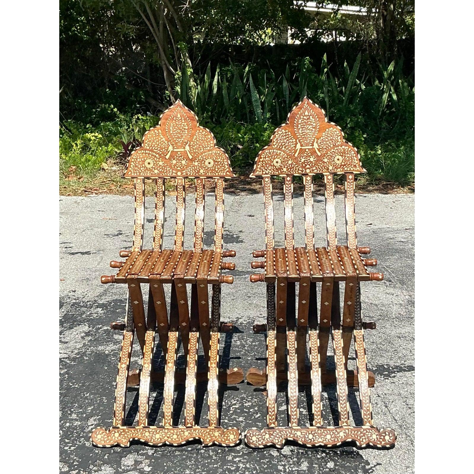 Vintage Boho Moorish Inlay Folding Chairs- A Pair For Sale 5