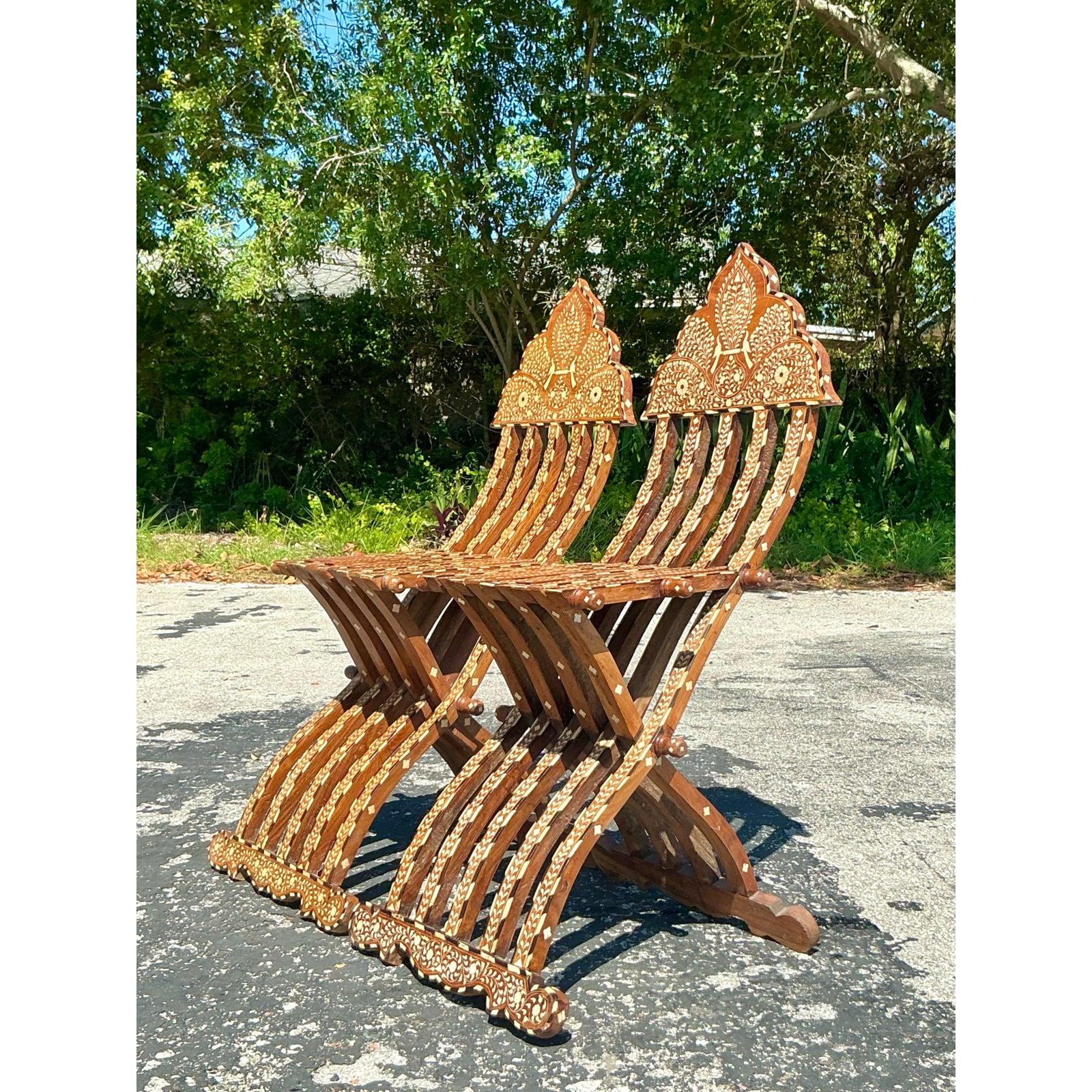 Vintage Boho Moorish Inlay Folding Chairs- A Pair For Sale 6