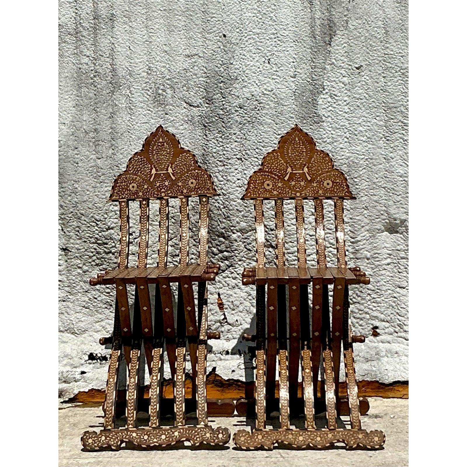 American Vintage Boho Moorish Inlay Folding Chairs- A Pair For Sale