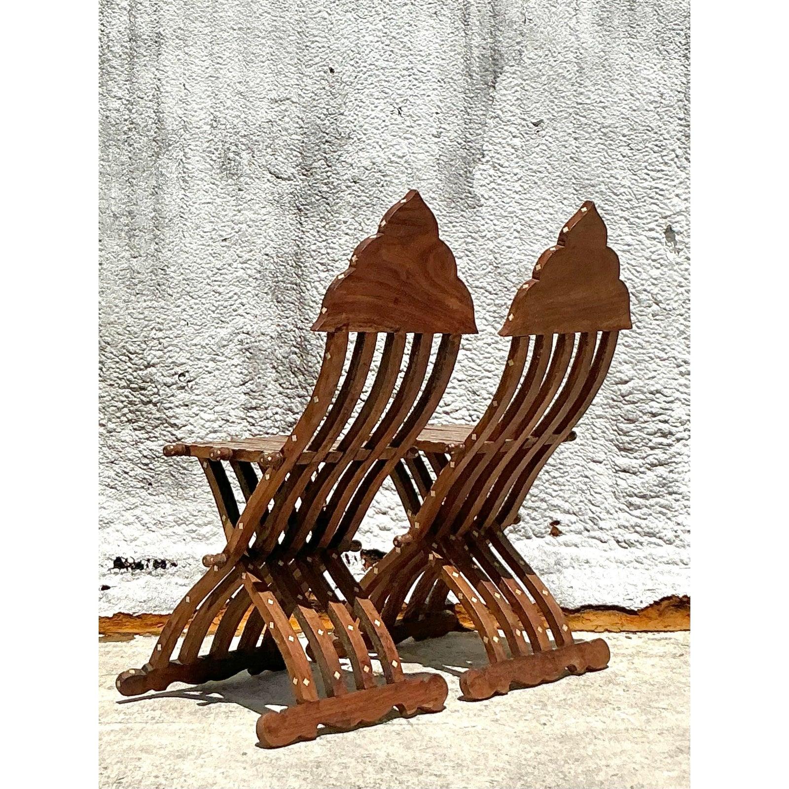 Vintage Boho Moorish Inlay Folding Chairs- A Pair In Good Condition For Sale In West Palm Beach, FL