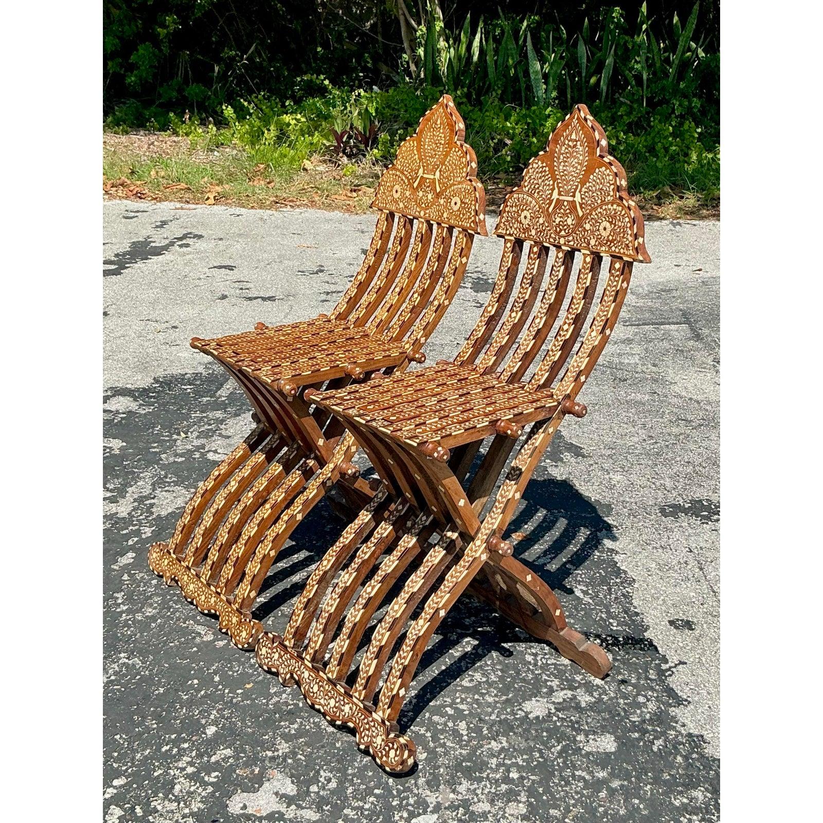 Mother-of-Pearl Vintage Boho Moorish Inlay Folding Chairs- A Pair For Sale